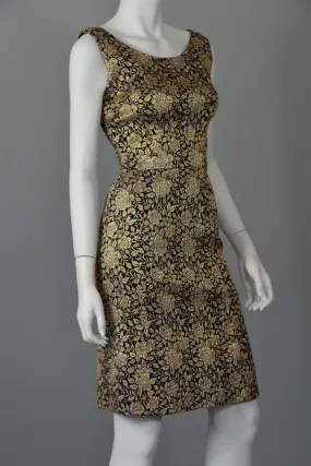 1960s Gold Brocade Vintage Cocktail Dress Wiggle Dress XS