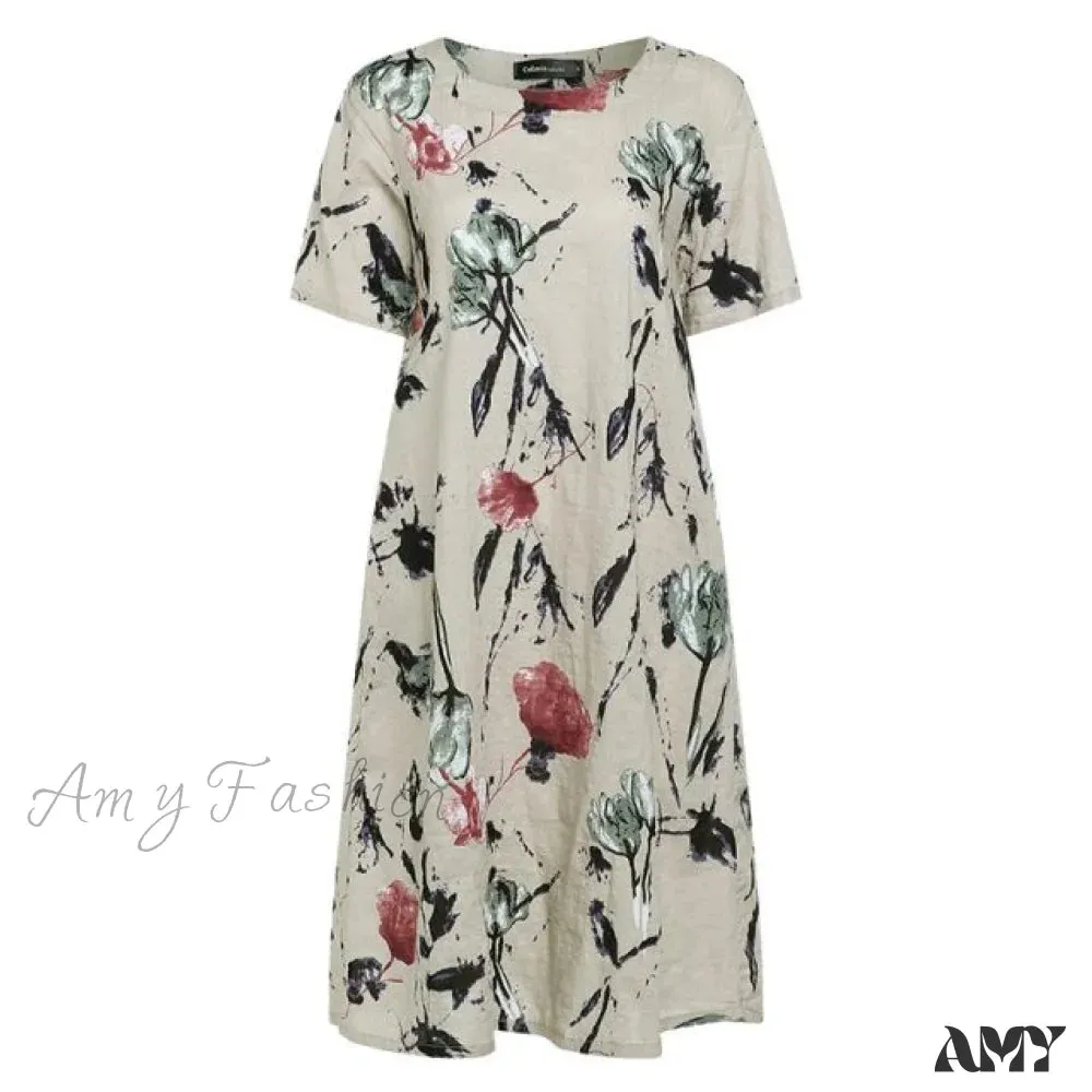 Amy Fashion - Short Sleeve Floral Print Loose Casual Dress