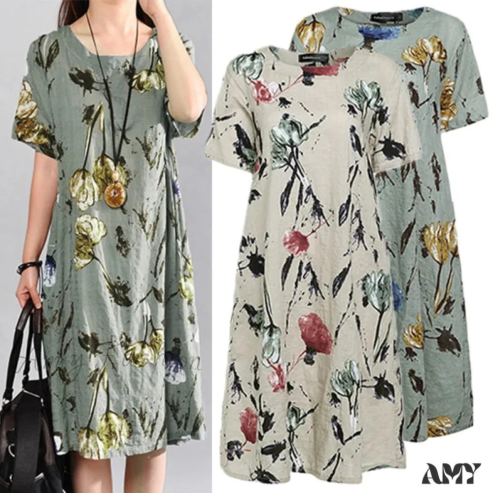 Amy Fashion - Short Sleeve Floral Print Loose Casual Dress