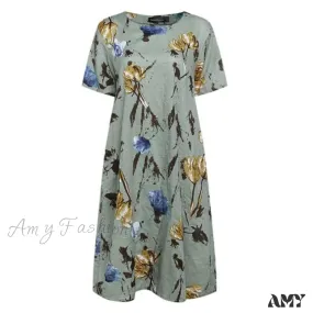 Amy Fashion - Short Sleeve Floral Print Loose Casual Dress
