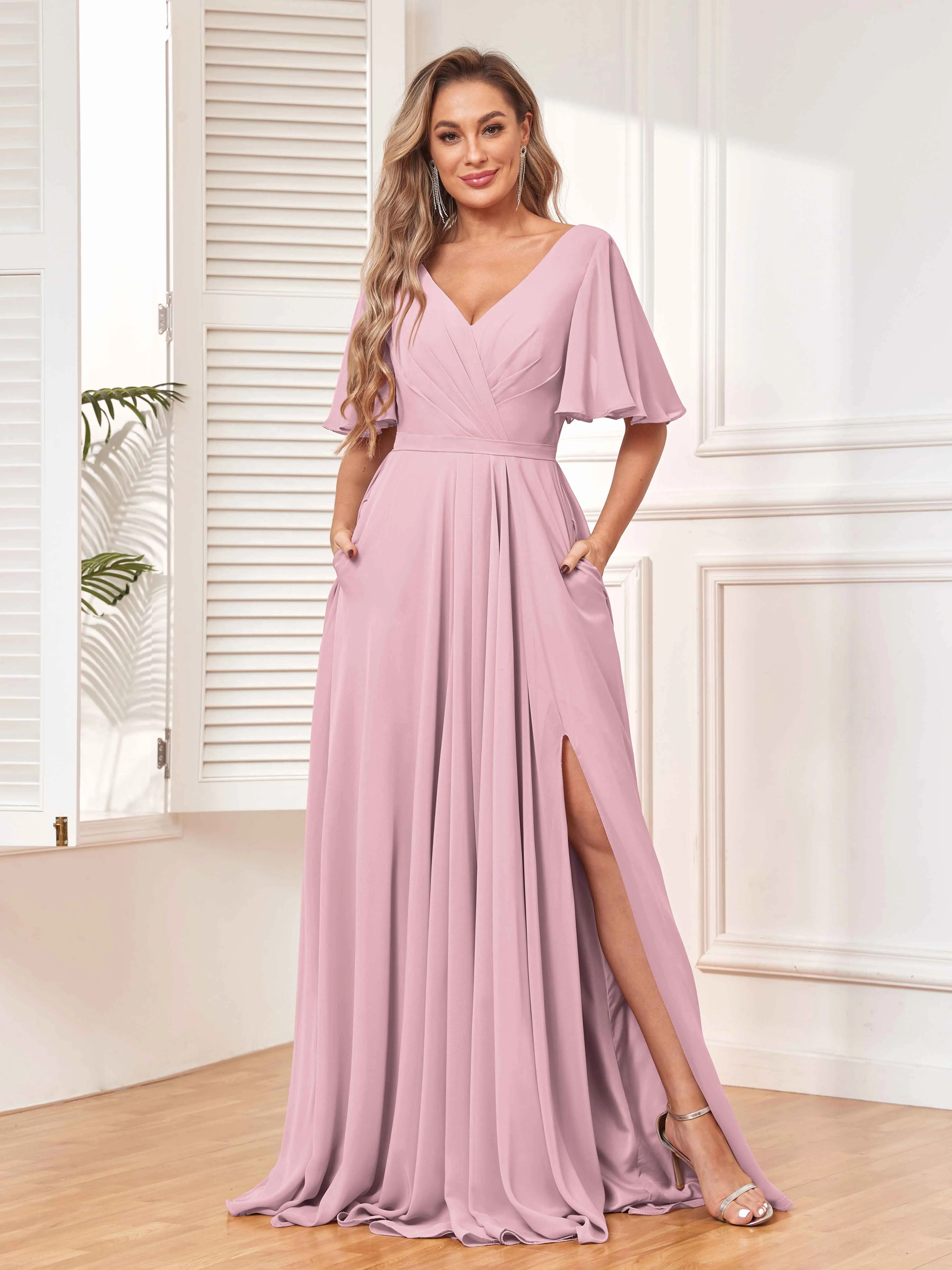 Aubrey Flowing V-Neck Slit Floor Length Bridesmaid Dresses