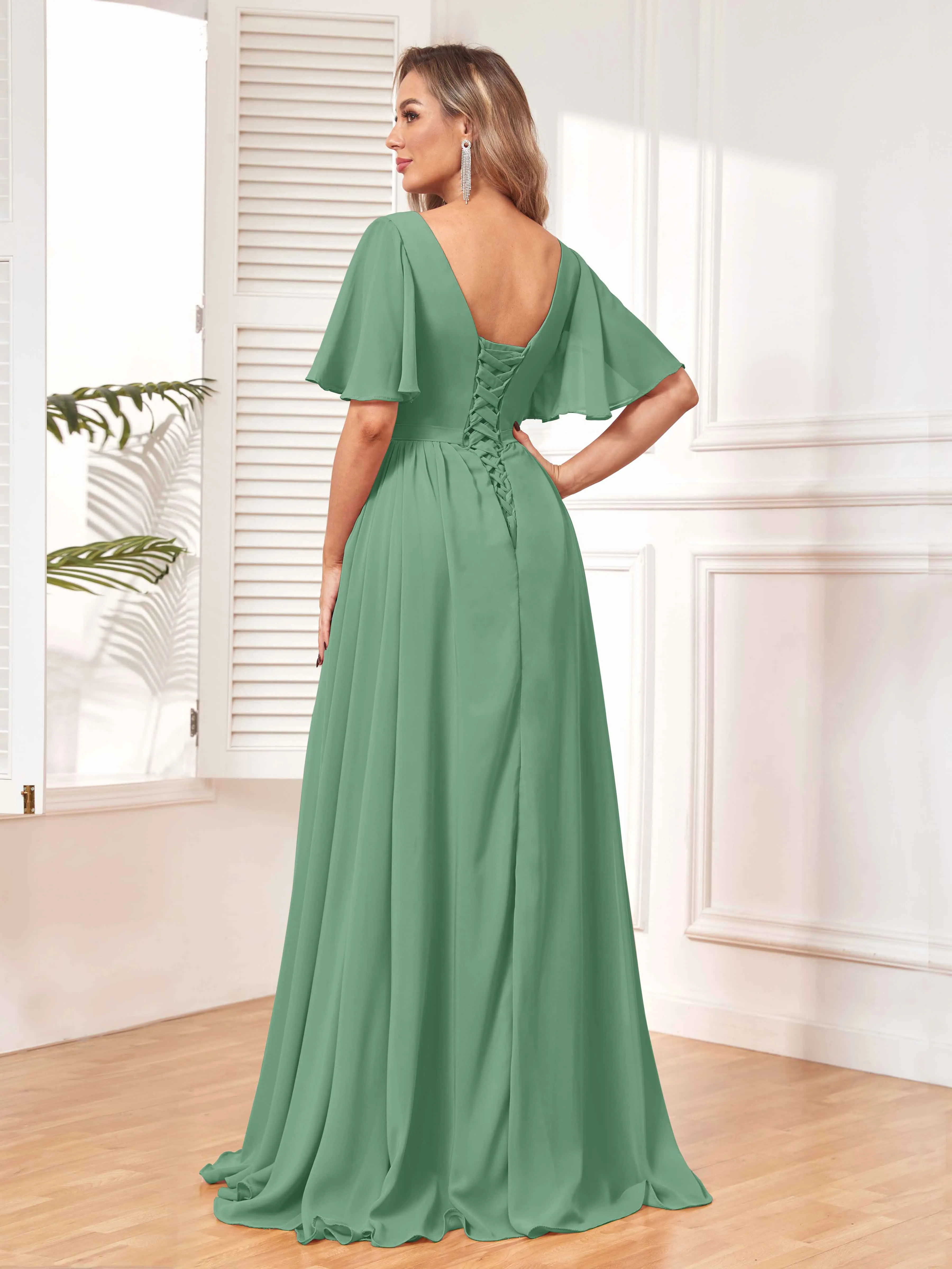 Aubrey Flowing V-Neck Slit Floor Length Bridesmaid Dresses
