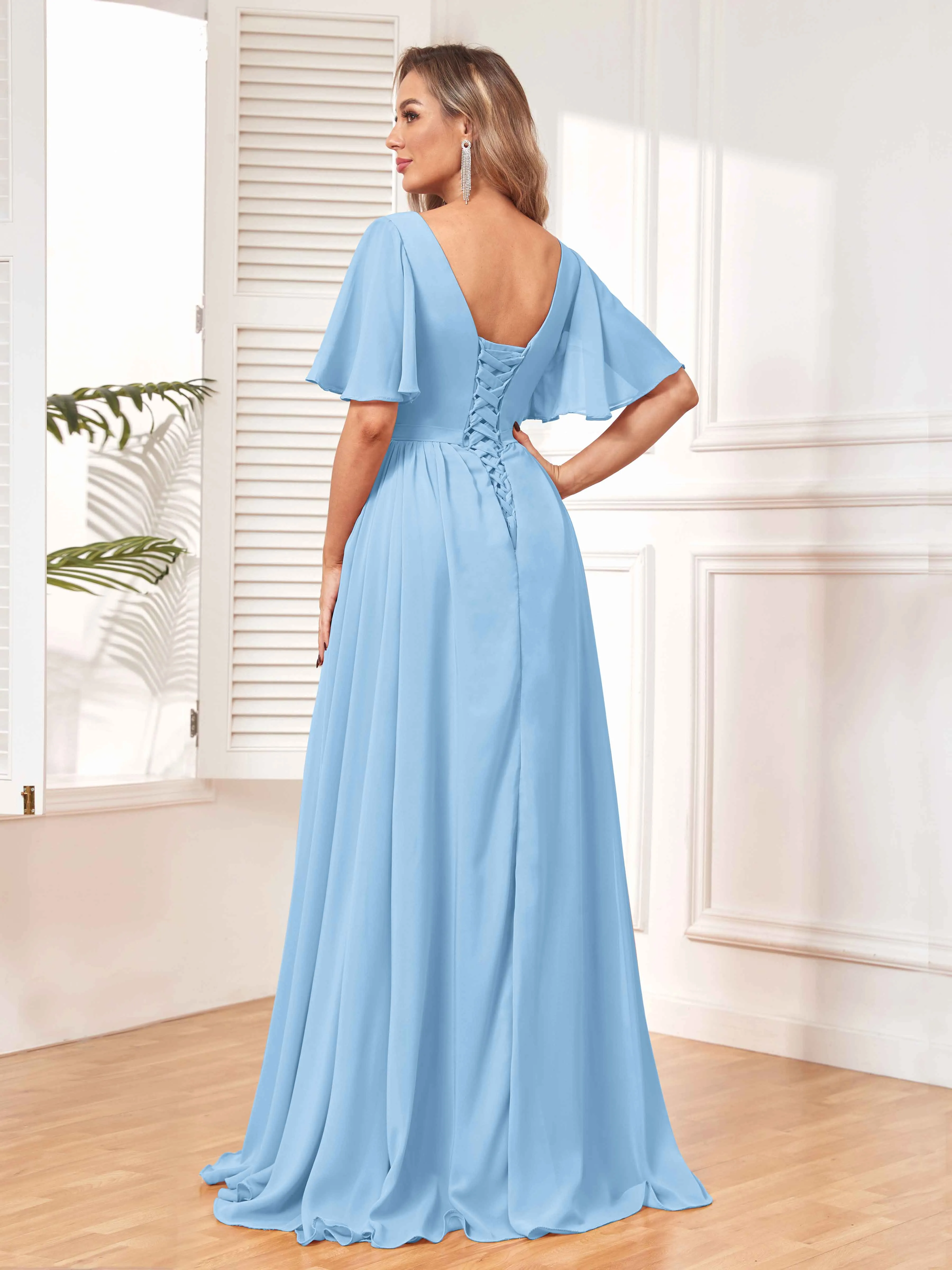 Aubrey Flowing V-Neck Slit Floor Length Bridesmaid Dresses