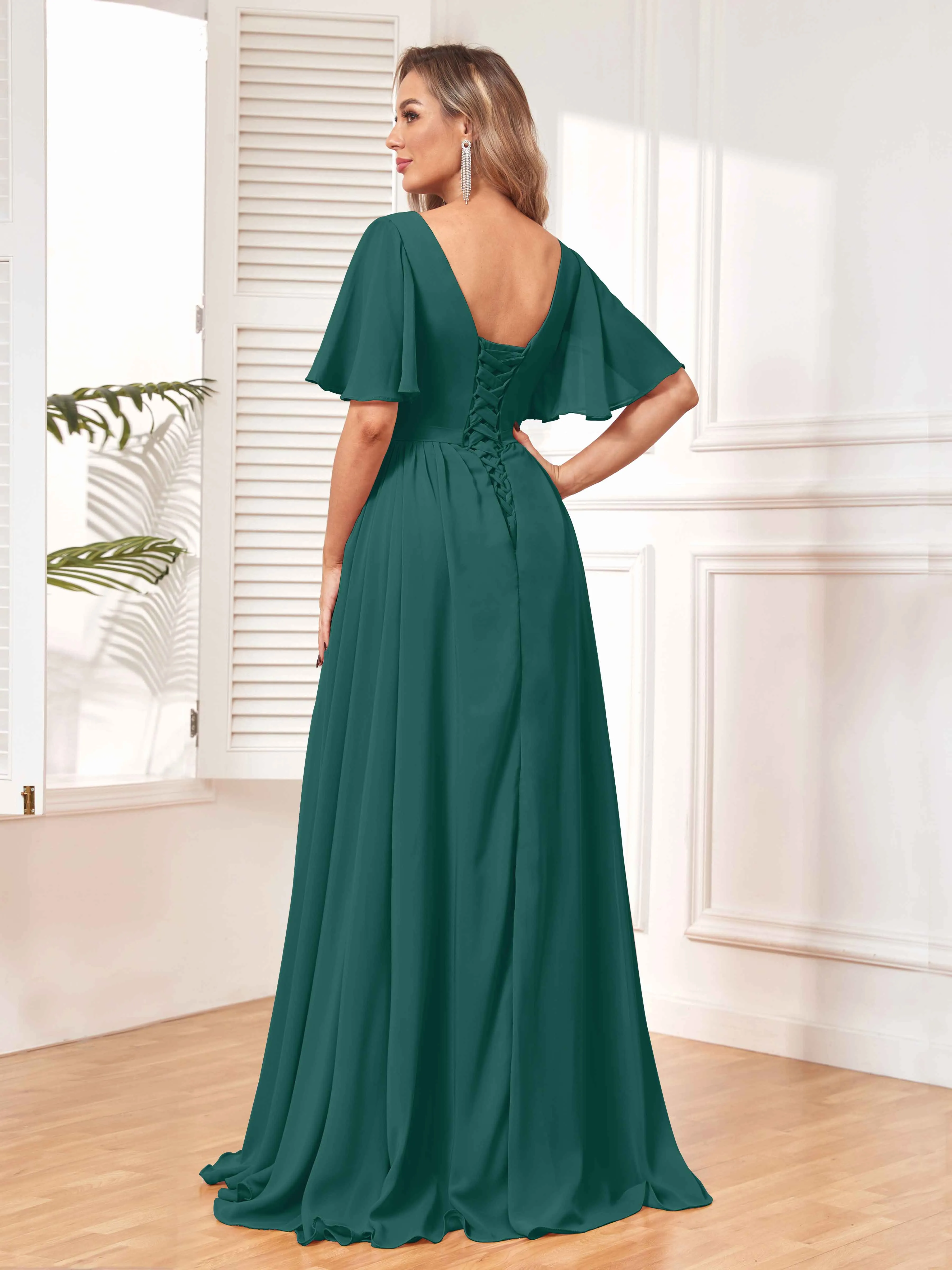 Aubrey Flowing V-Neck Slit Floor Length Bridesmaid Dresses