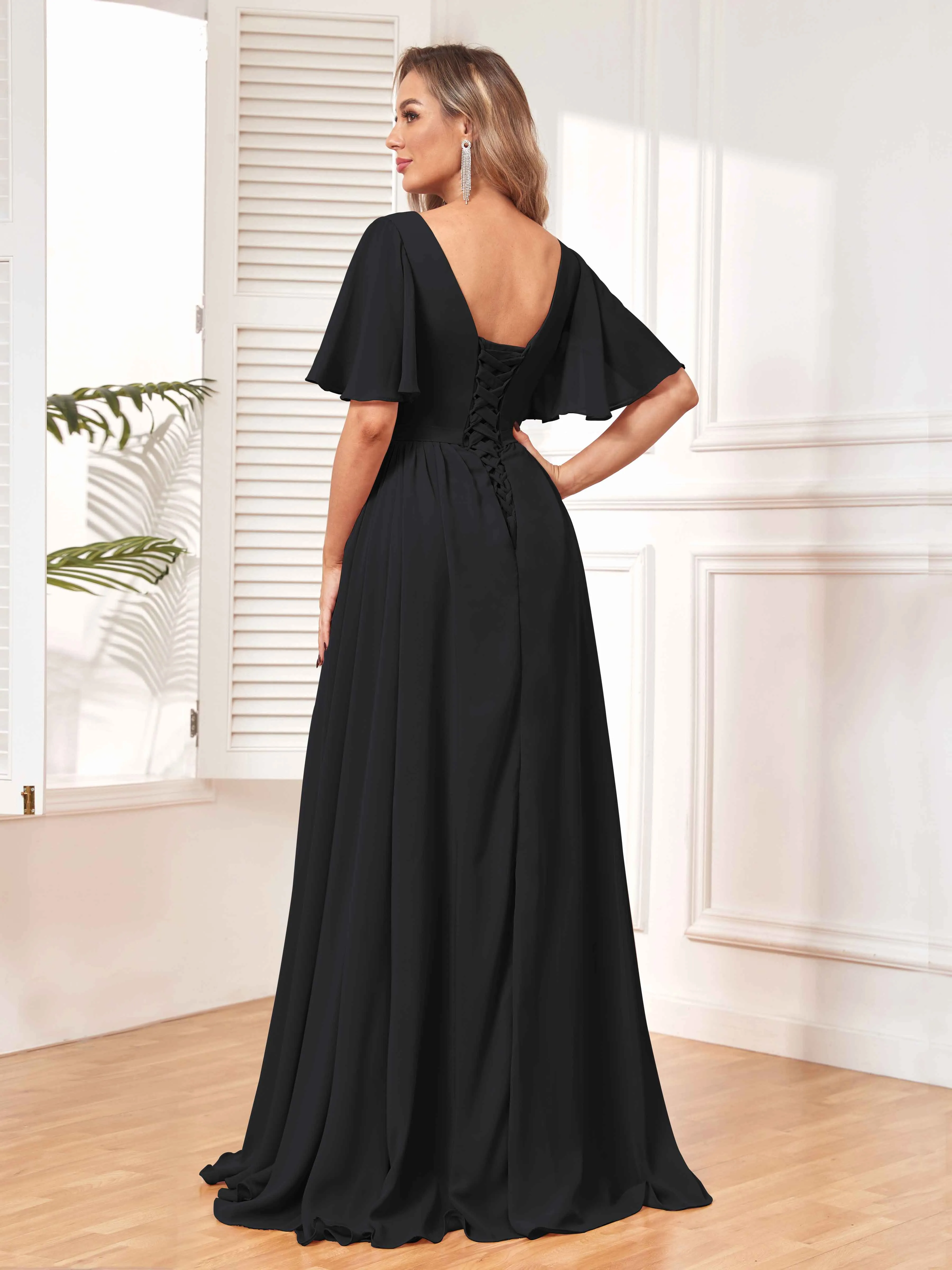 Aubrey Flowing V-Neck Slit Floor Length Bridesmaid Dresses