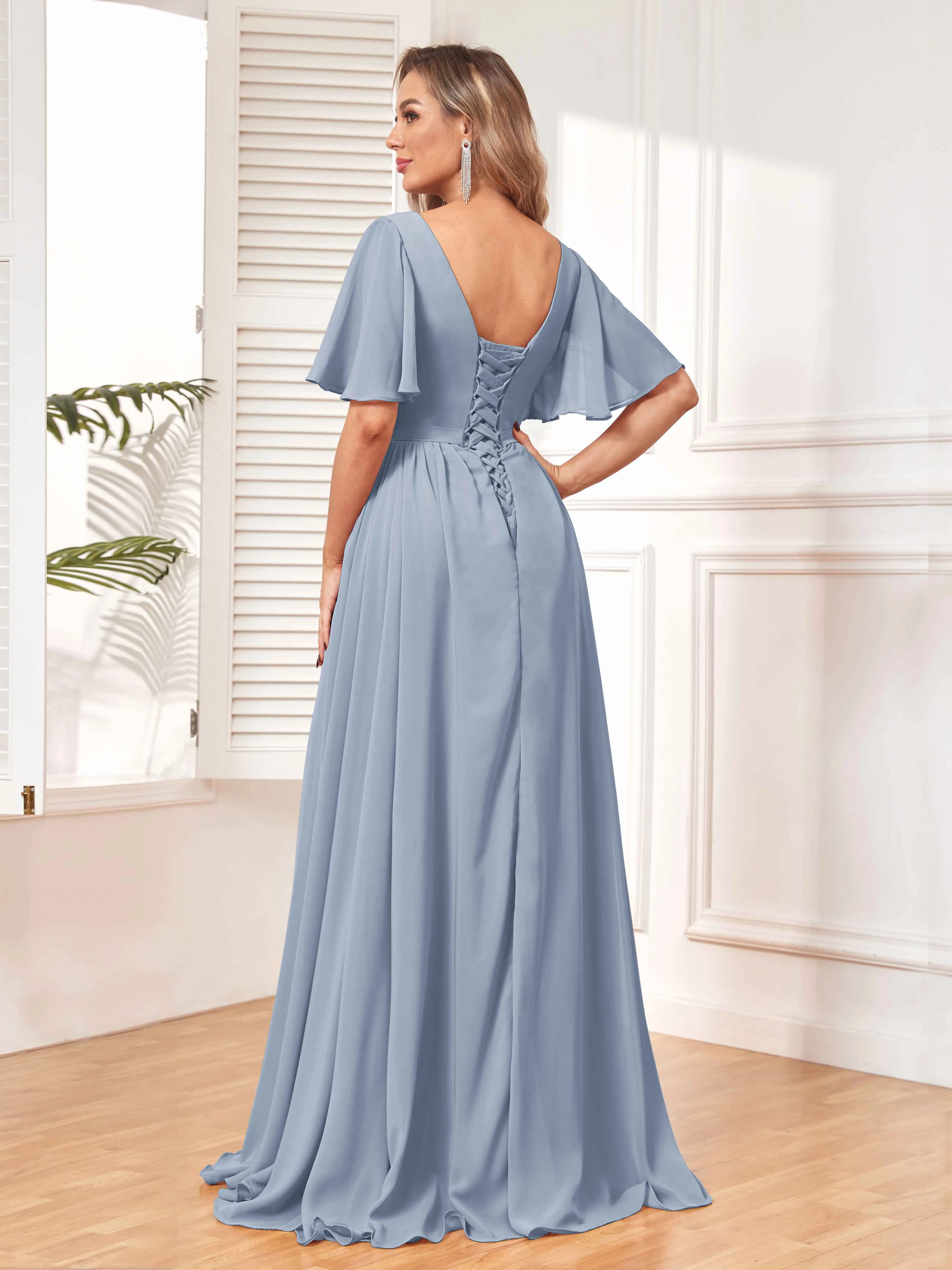 Aubrey Flowing V-Neck Slit Floor Length Bridesmaid Dresses