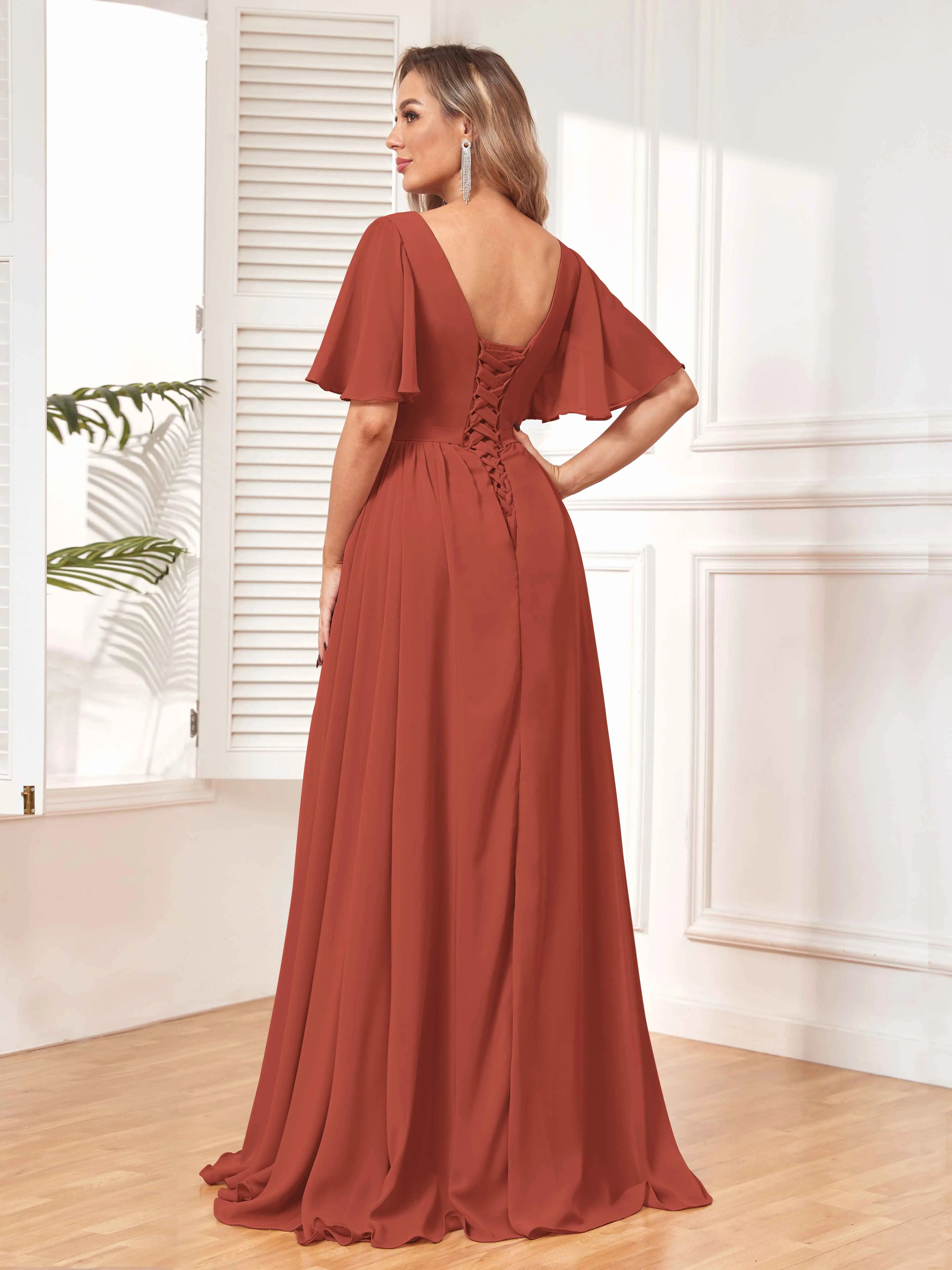 Aubrey Flowing V-Neck Slit Floor Length Bridesmaid Dresses