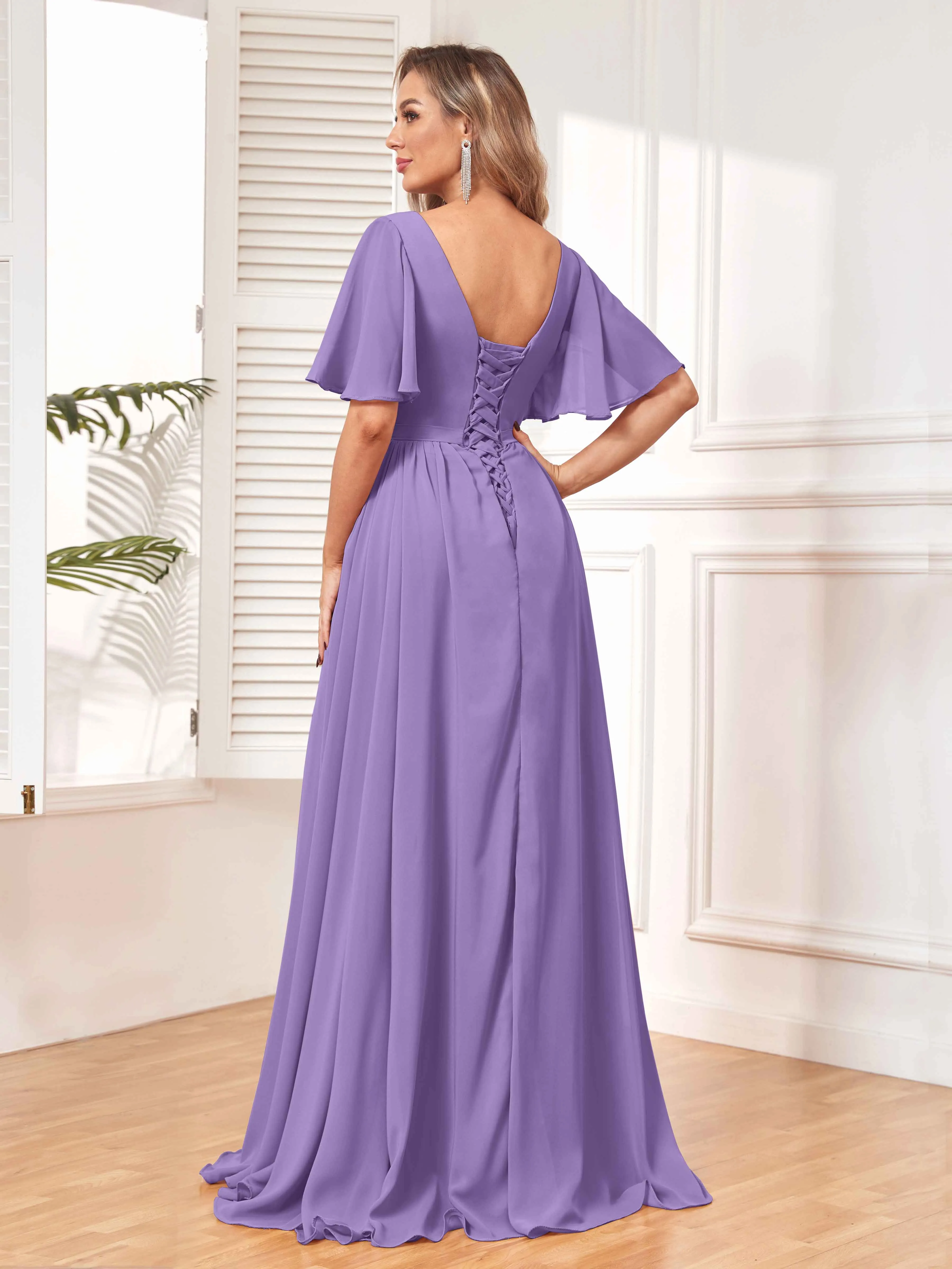 Aubrey Flowing V-Neck Slit Floor Length Bridesmaid Dresses