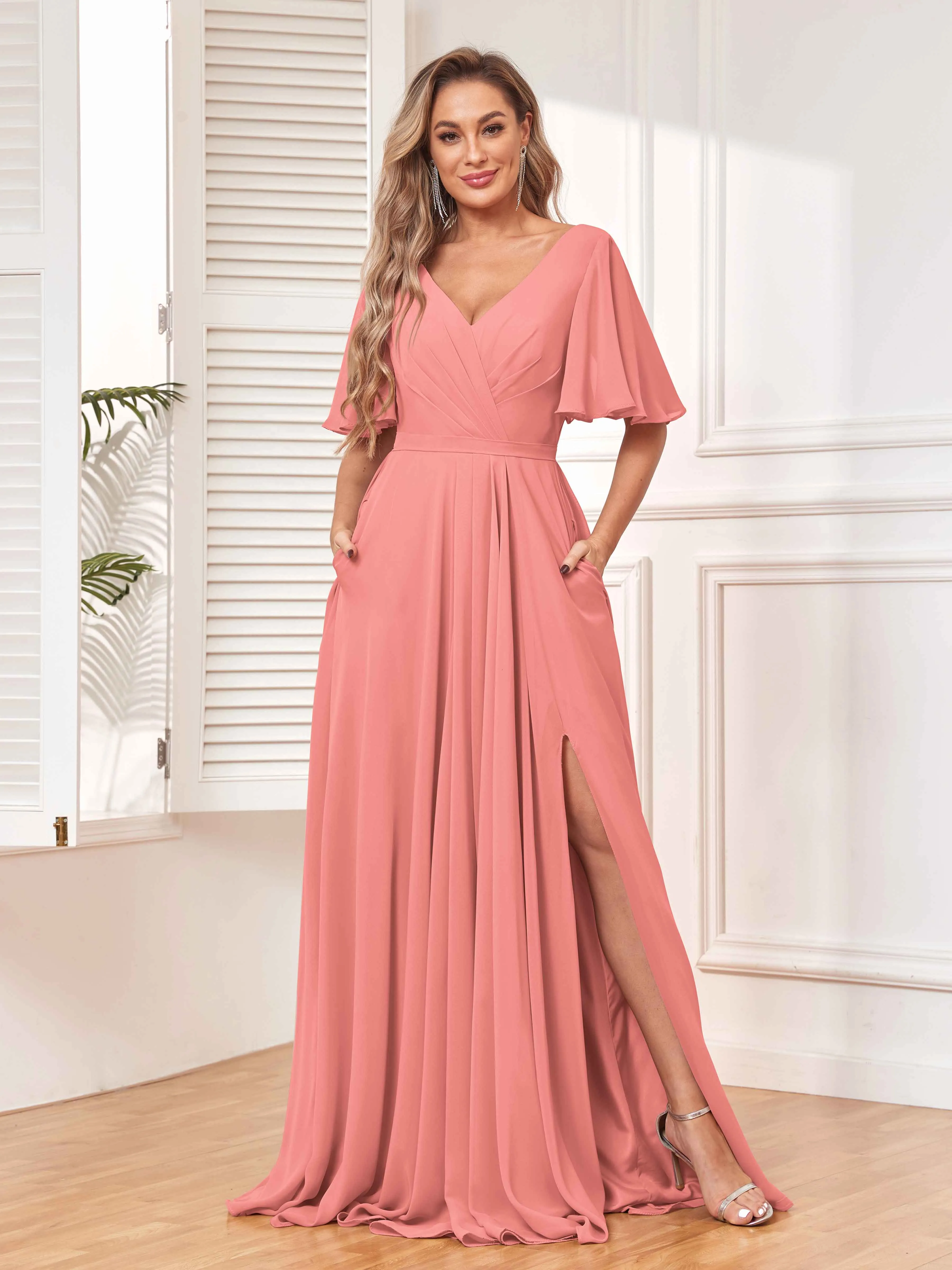 Aubrey Flowing V-Neck Slit Floor Length Bridesmaid Dresses