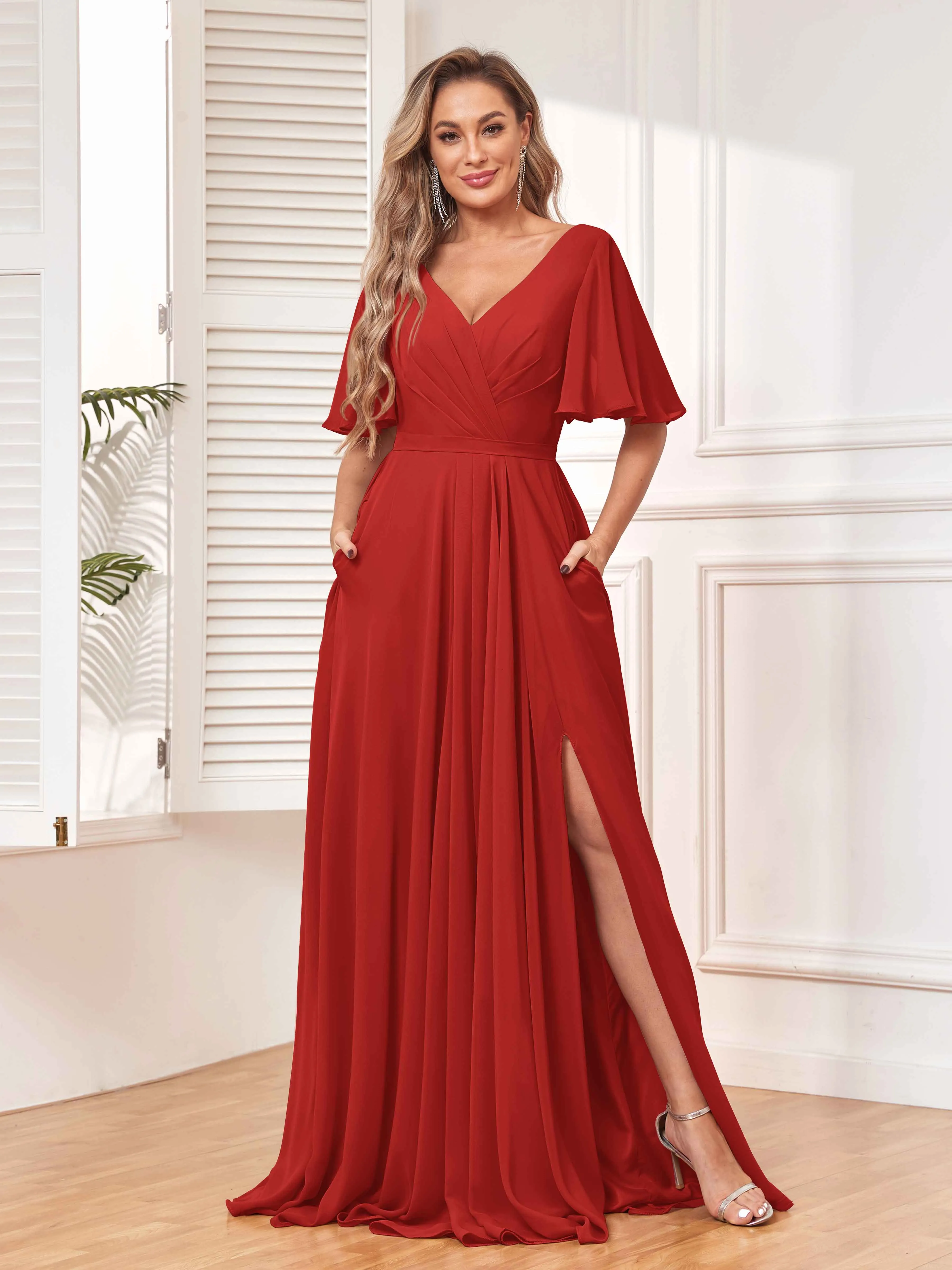 Aubrey Flowing V-Neck Slit Floor Length Bridesmaid Dresses