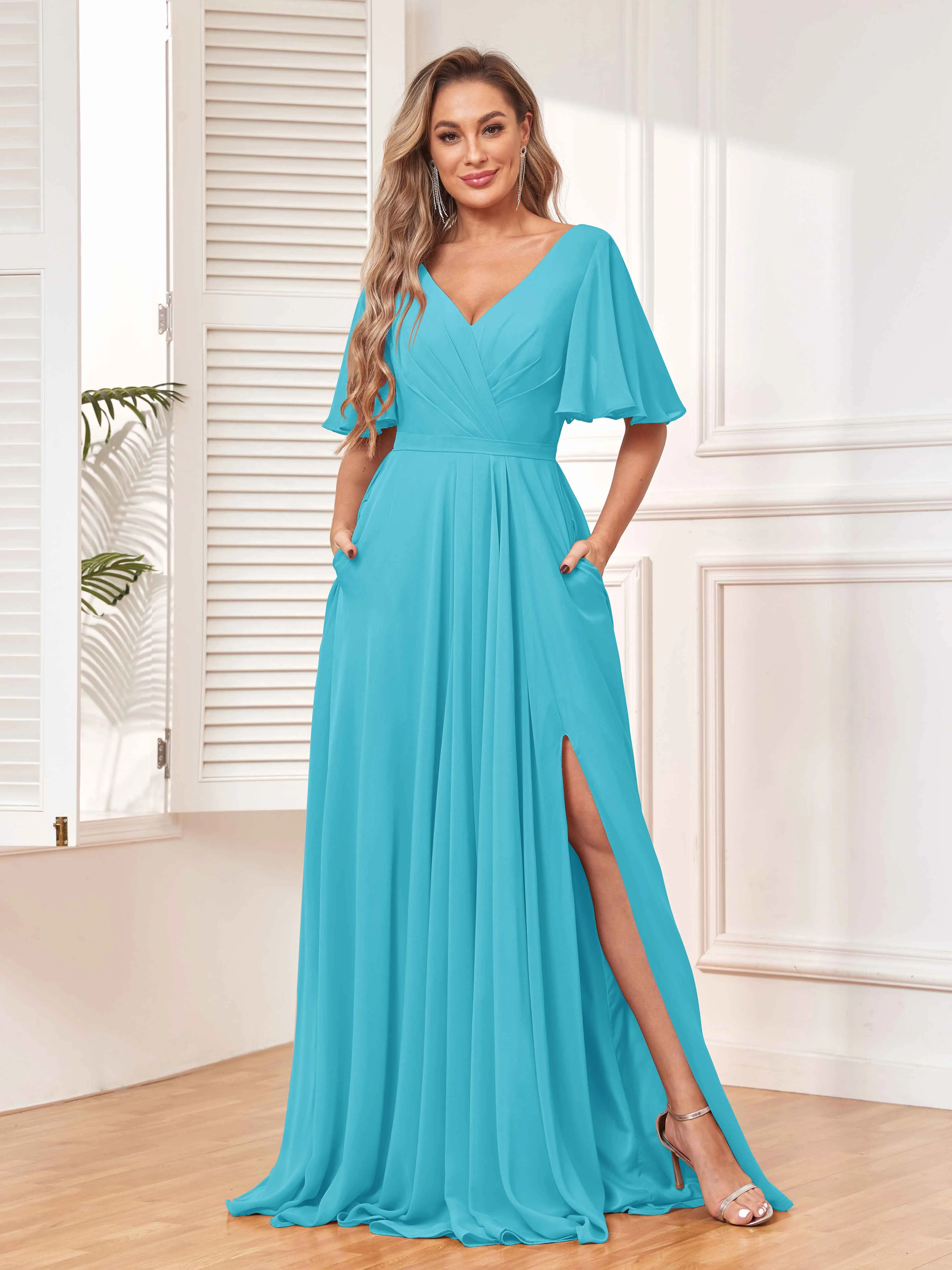 Aubrey Flowing V-Neck Slit Floor Length Bridesmaid Dresses