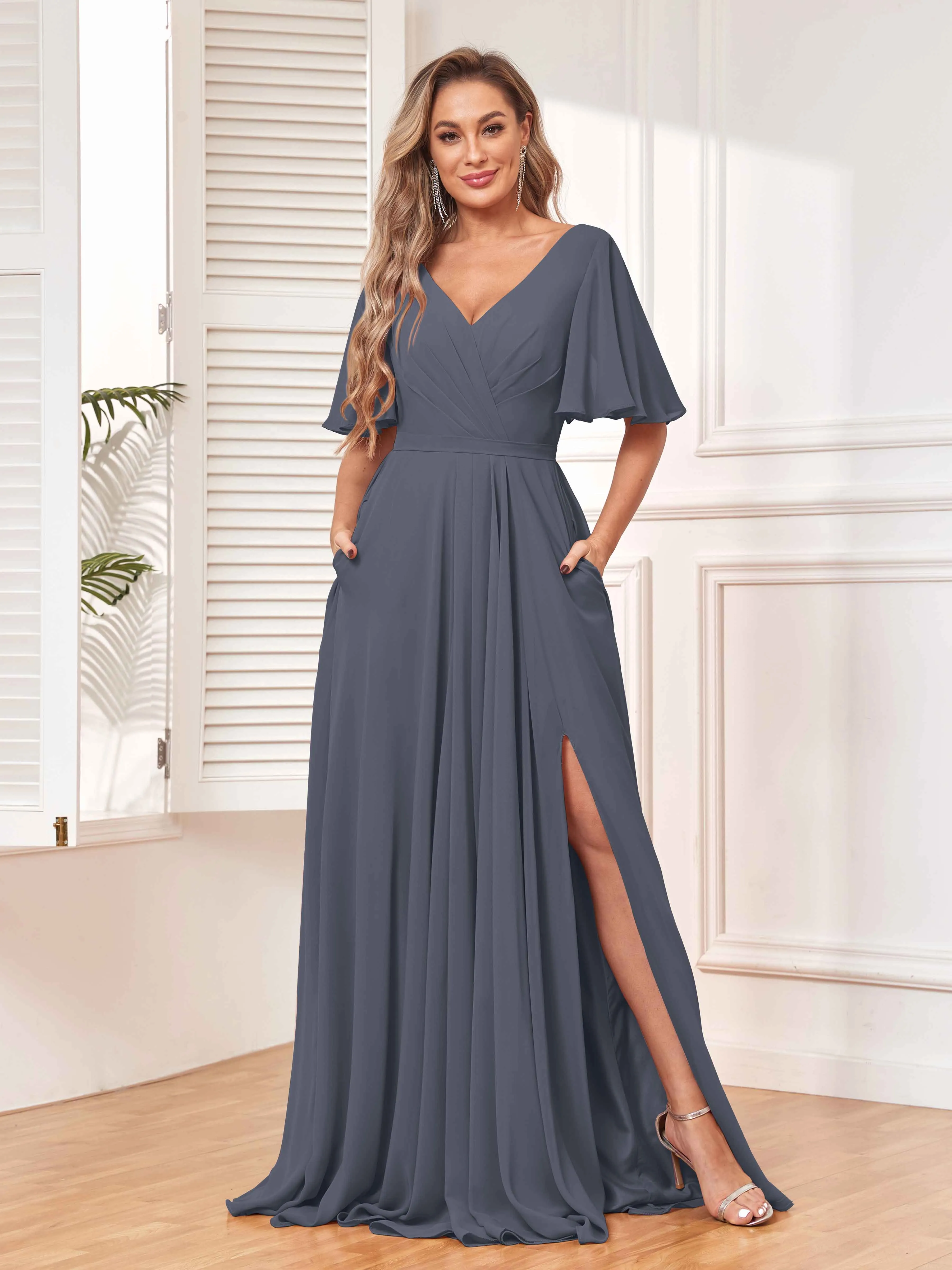 Aubrey Flowing V-Neck Slit Floor Length Bridesmaid Dresses