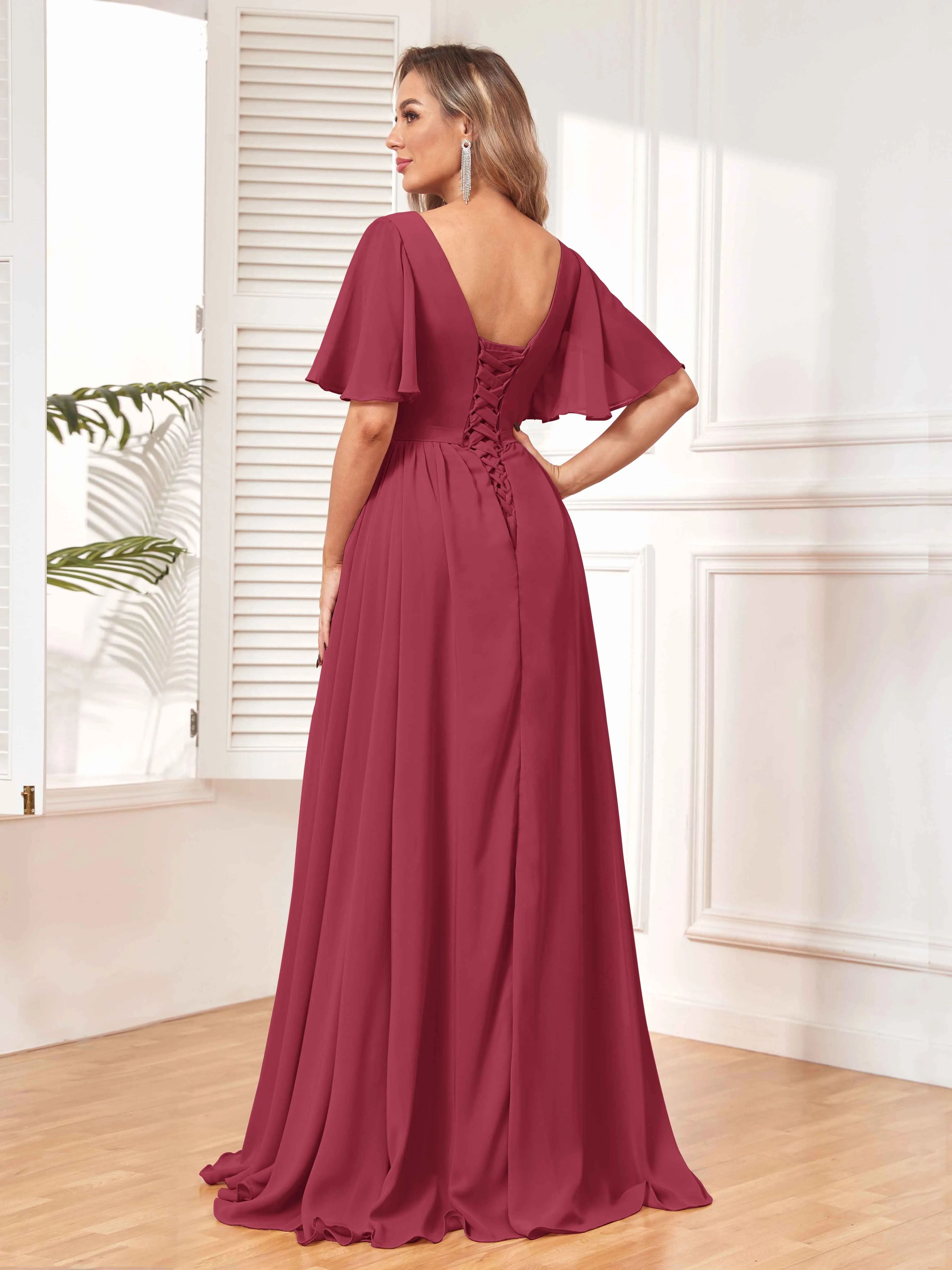 Aubrey Flowing V-Neck Slit Floor Length Bridesmaid Dresses