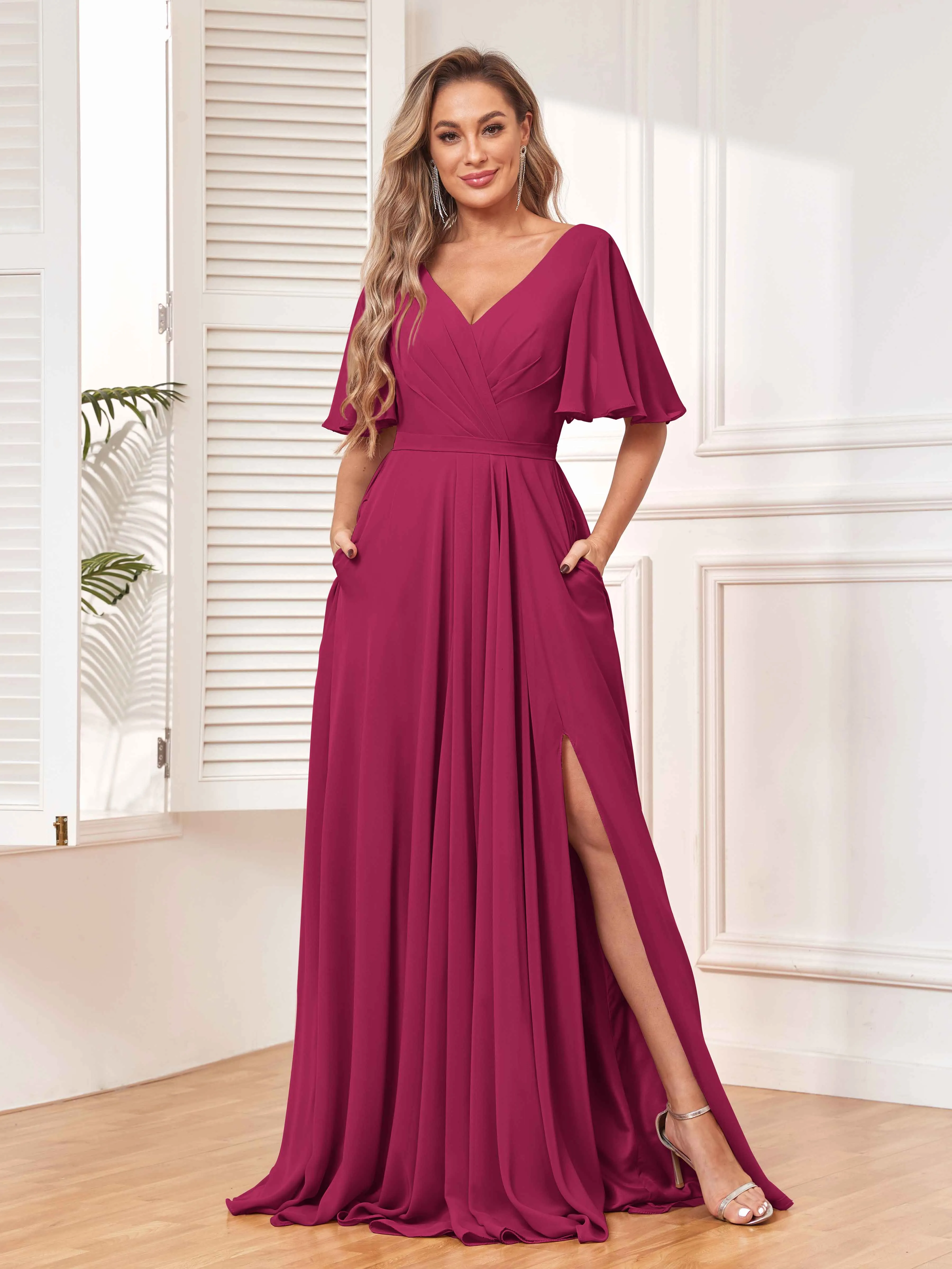 Aubrey Flowing V-Neck Slit Floor Length Bridesmaid Dresses