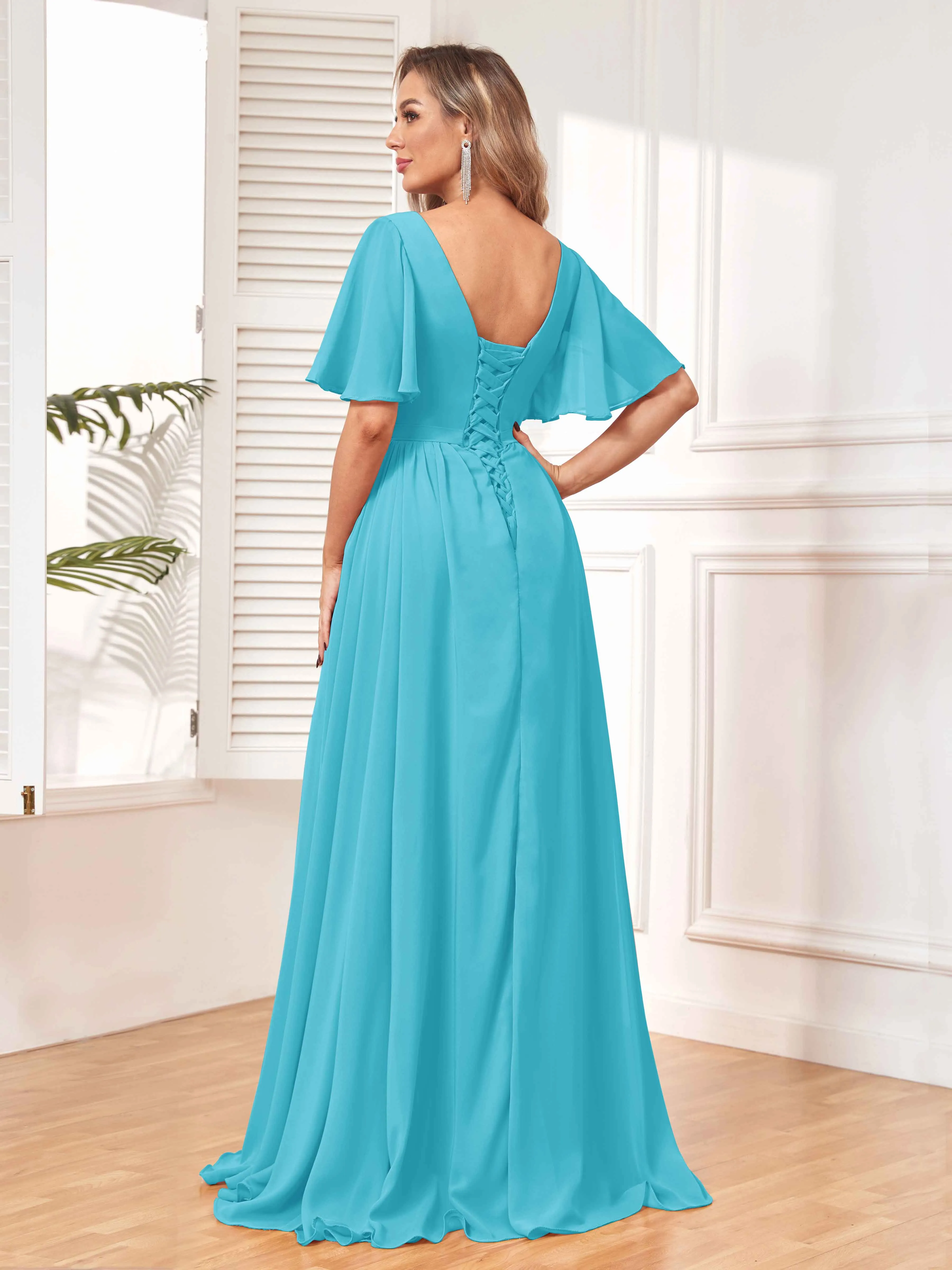 Aubrey Flowing V-Neck Slit Floor Length Bridesmaid Dresses