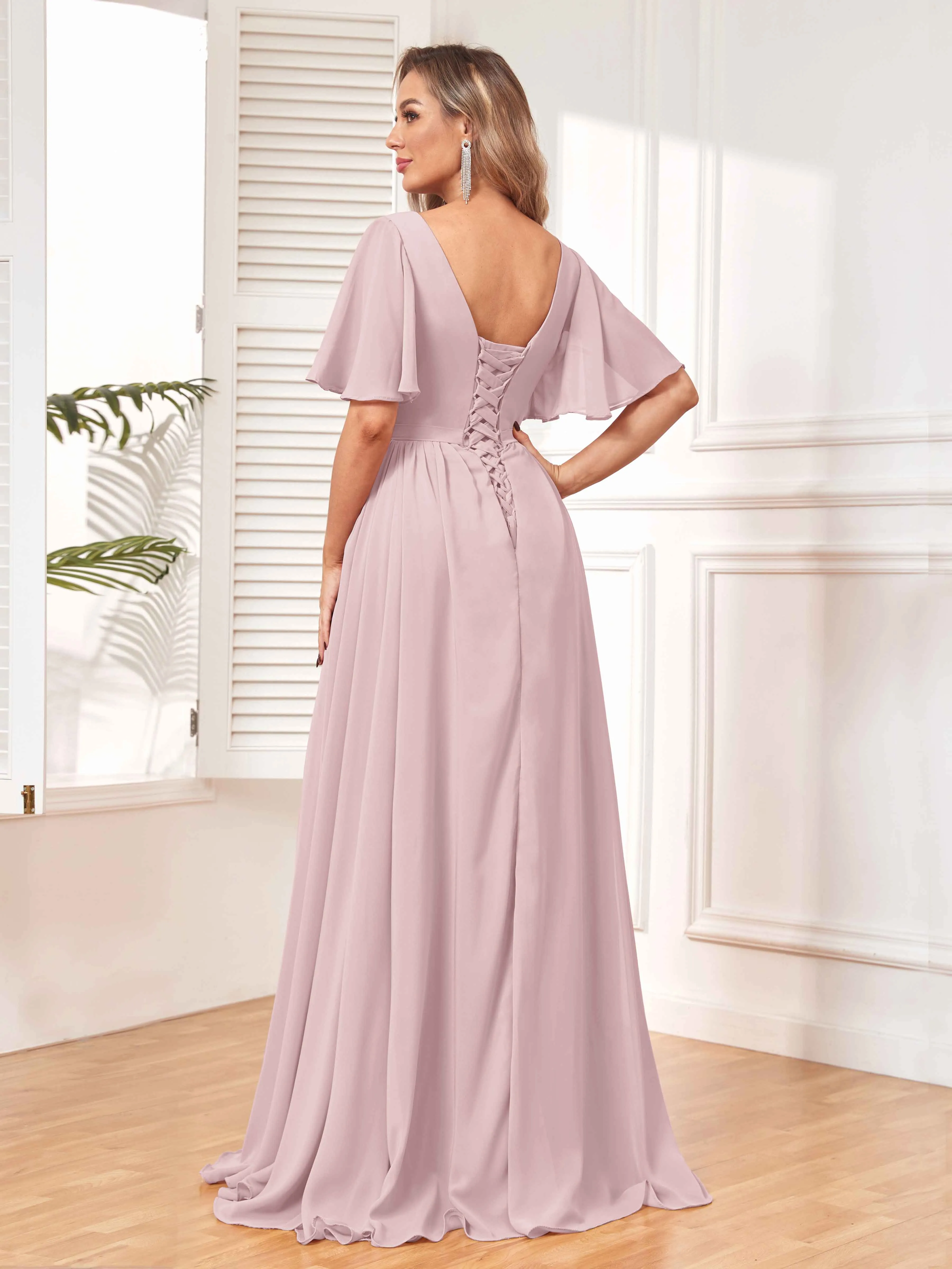 Aubrey Flowing V-Neck Slit Floor Length Bridesmaid Dresses