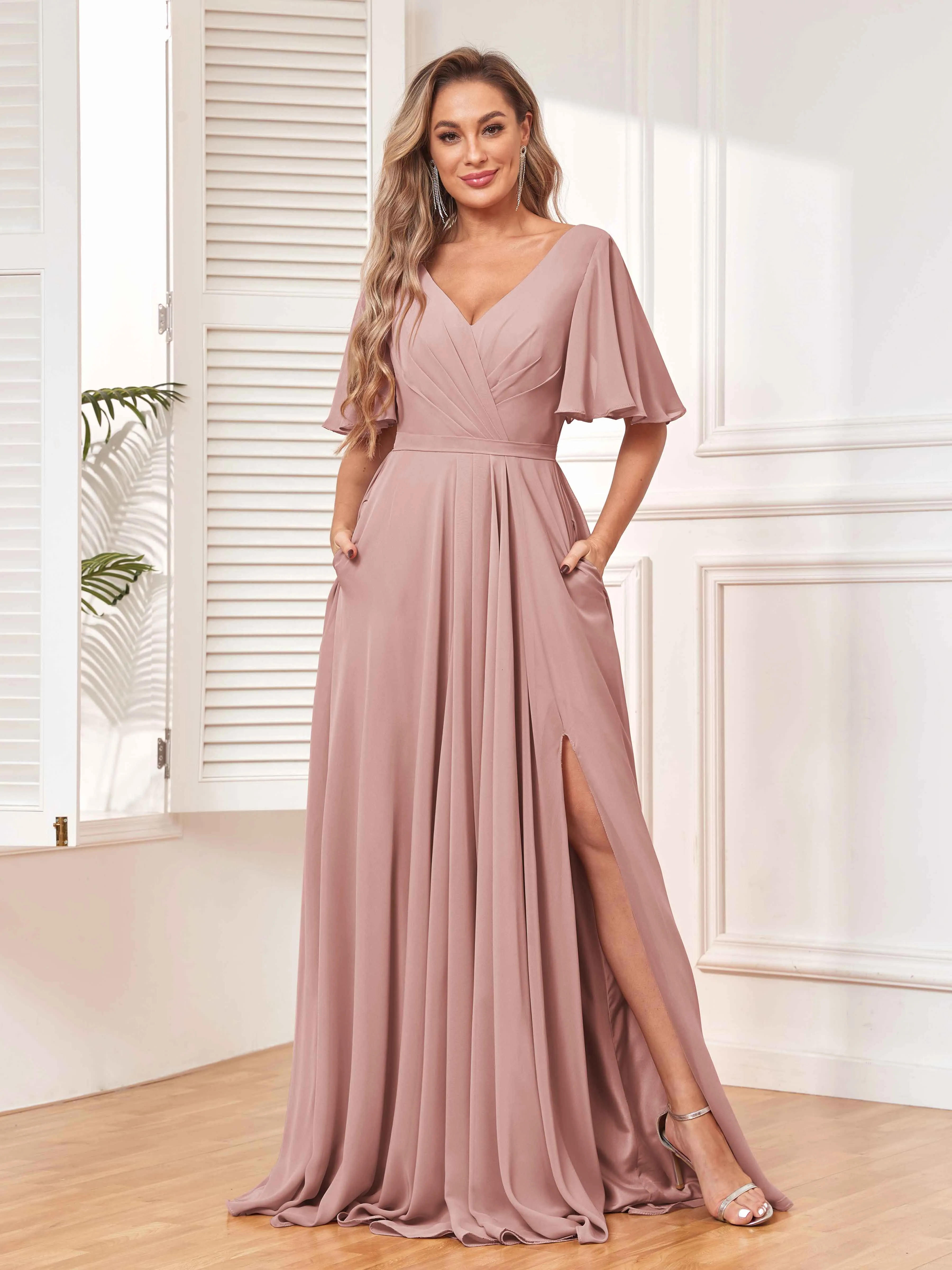 Aubrey Flowing V-Neck Slit Floor Length Bridesmaid Dresses