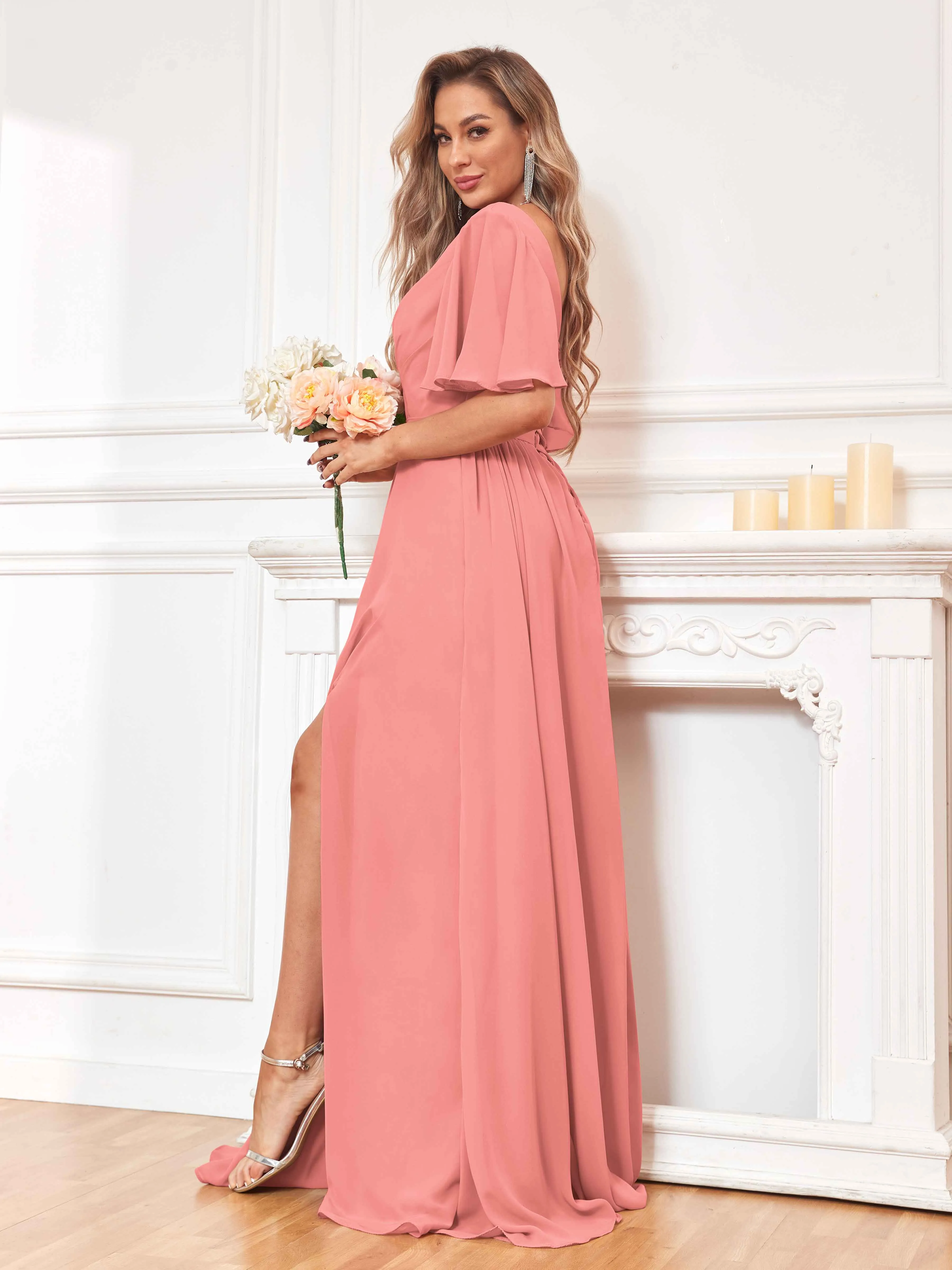 Aubrey Flowing V-Neck Slit Floor Length Bridesmaid Dresses