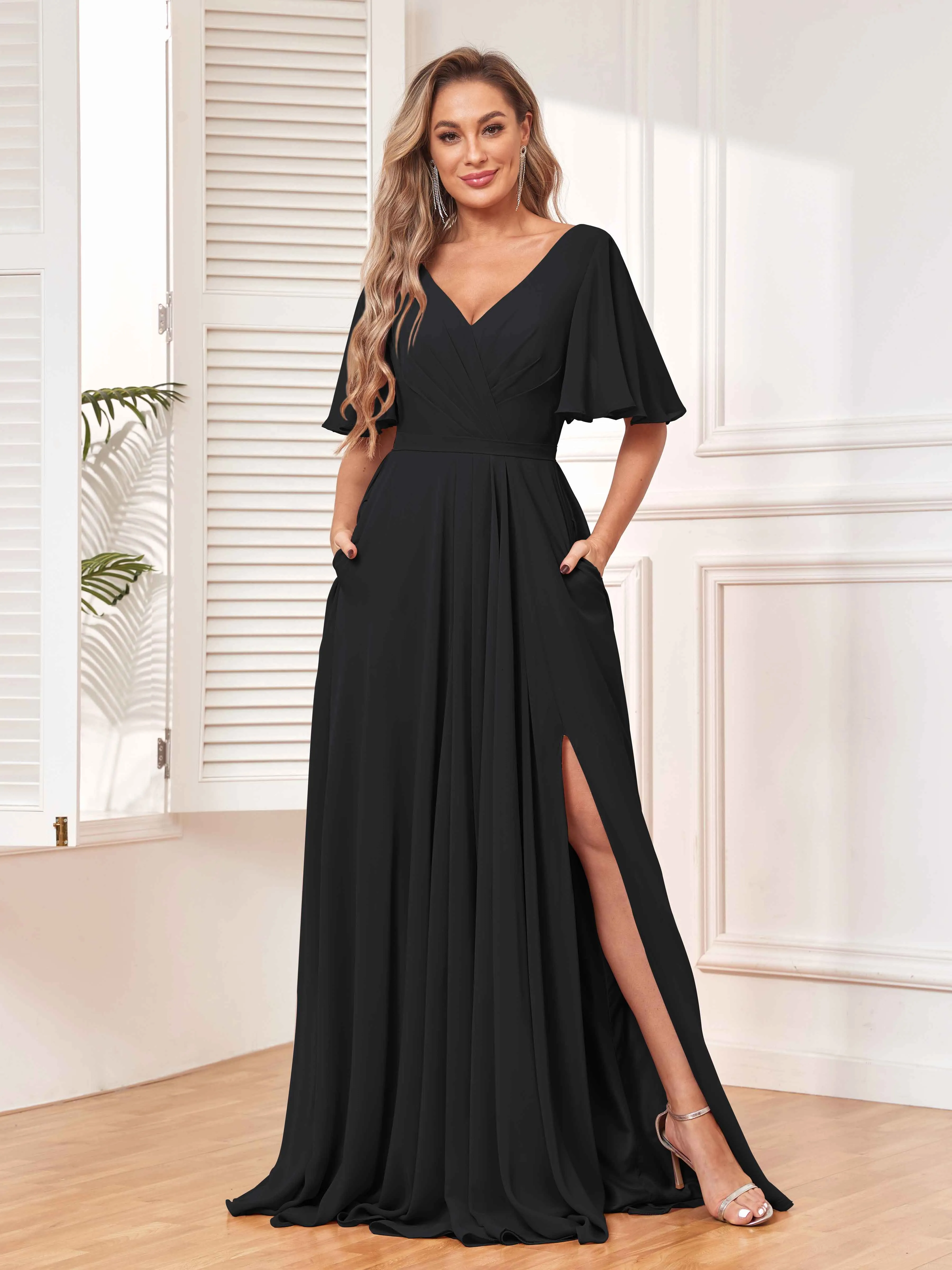 Aubrey Flowing V-Neck Slit Floor Length Bridesmaid Dresses