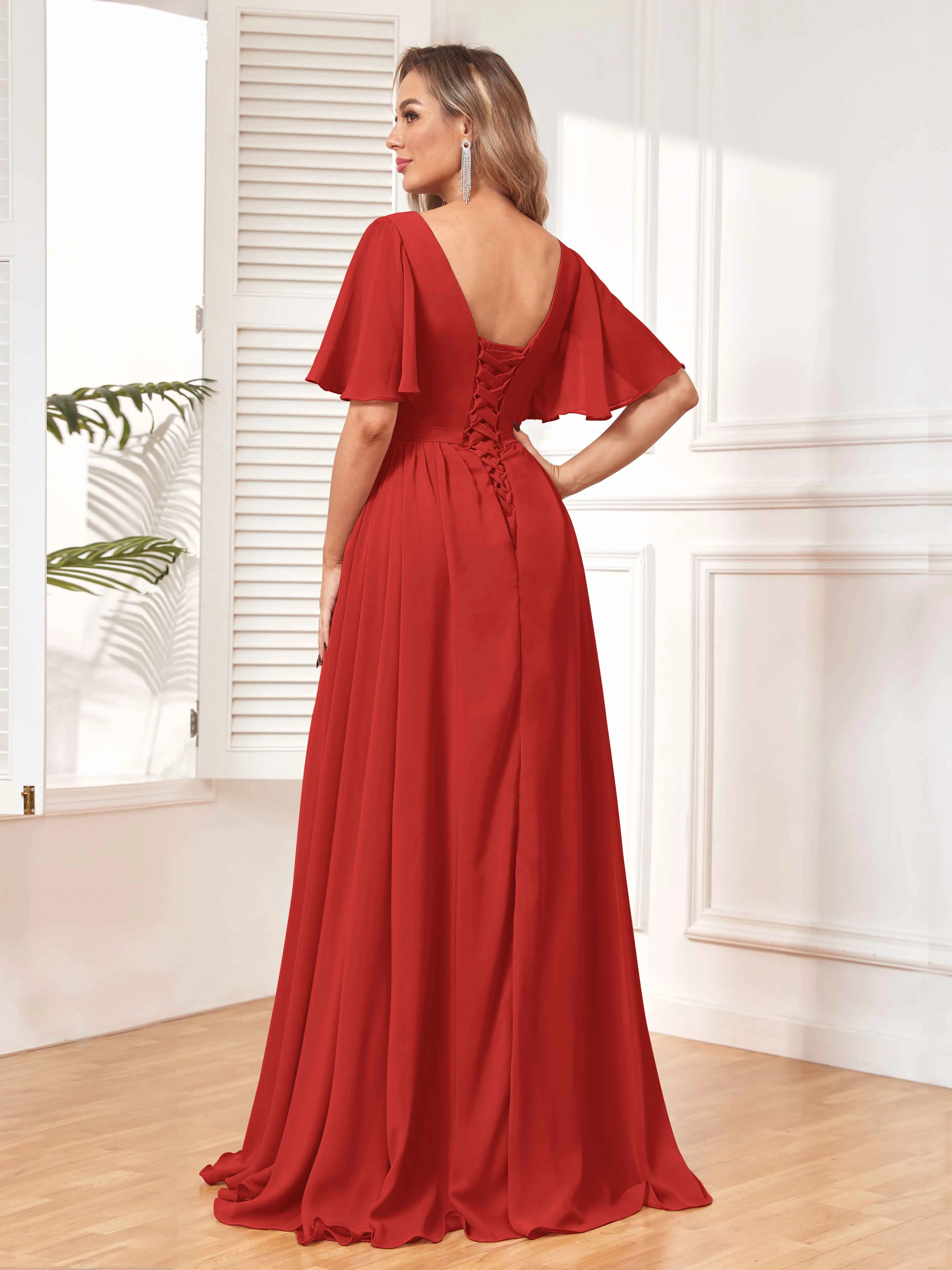 Aubrey Flowing V-Neck Slit Floor Length Bridesmaid Dresses