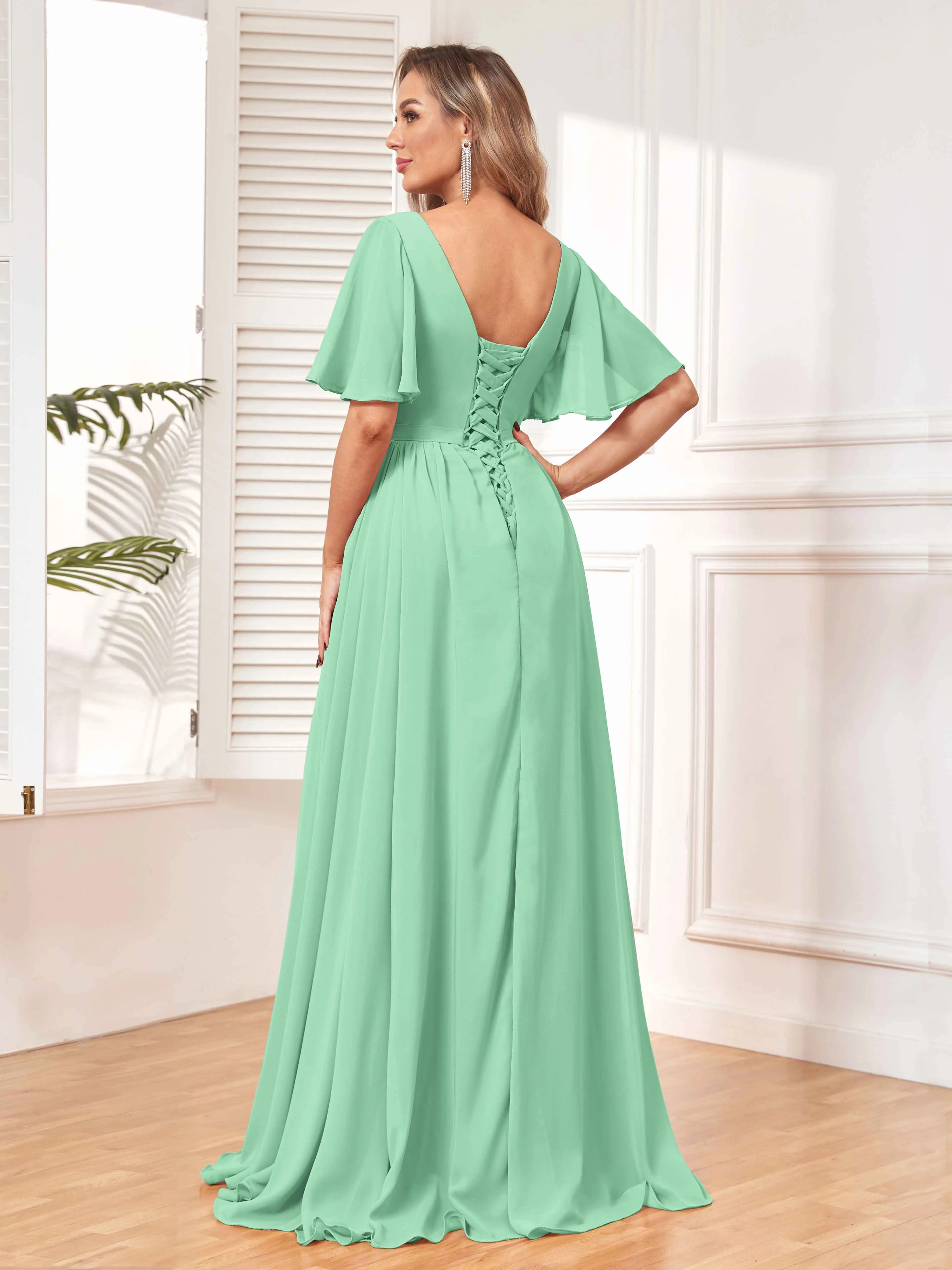 Aubrey Flowing V-Neck Slit Floor Length Bridesmaid Dresses