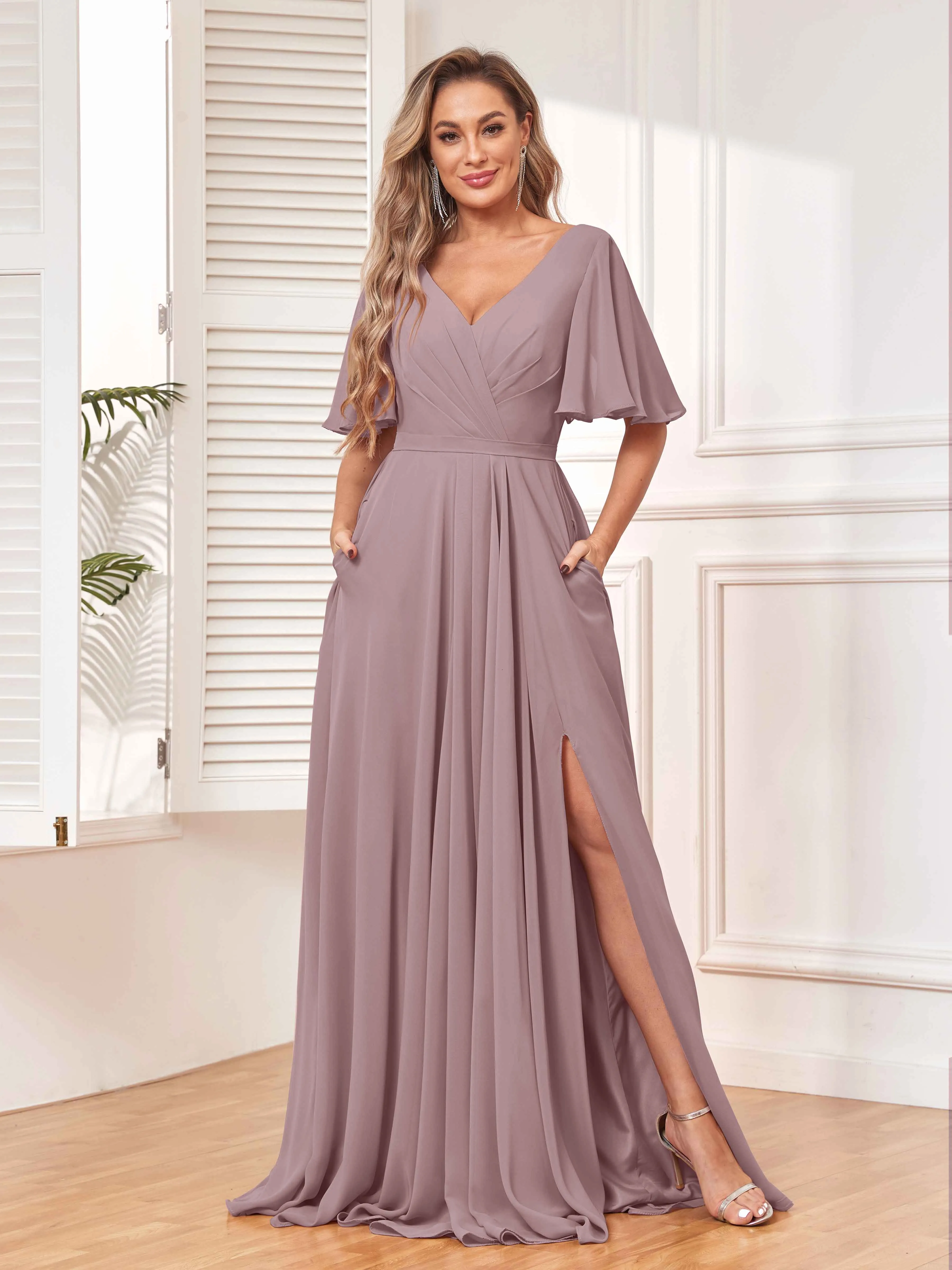 Aubrey Flowing V-Neck Slit Floor Length Bridesmaid Dresses