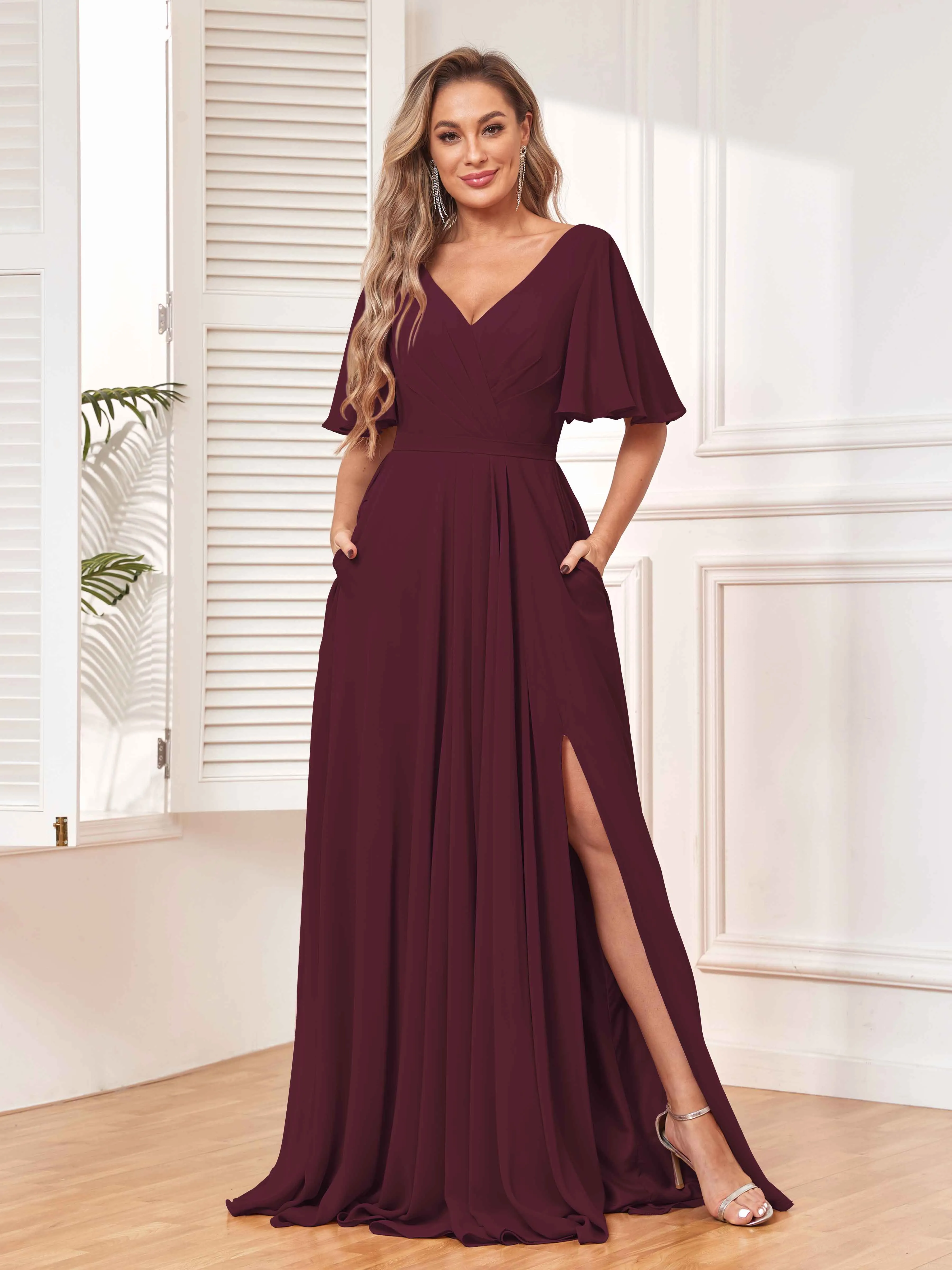 Aubrey Flowing V-Neck Slit Floor Length Bridesmaid Dresses