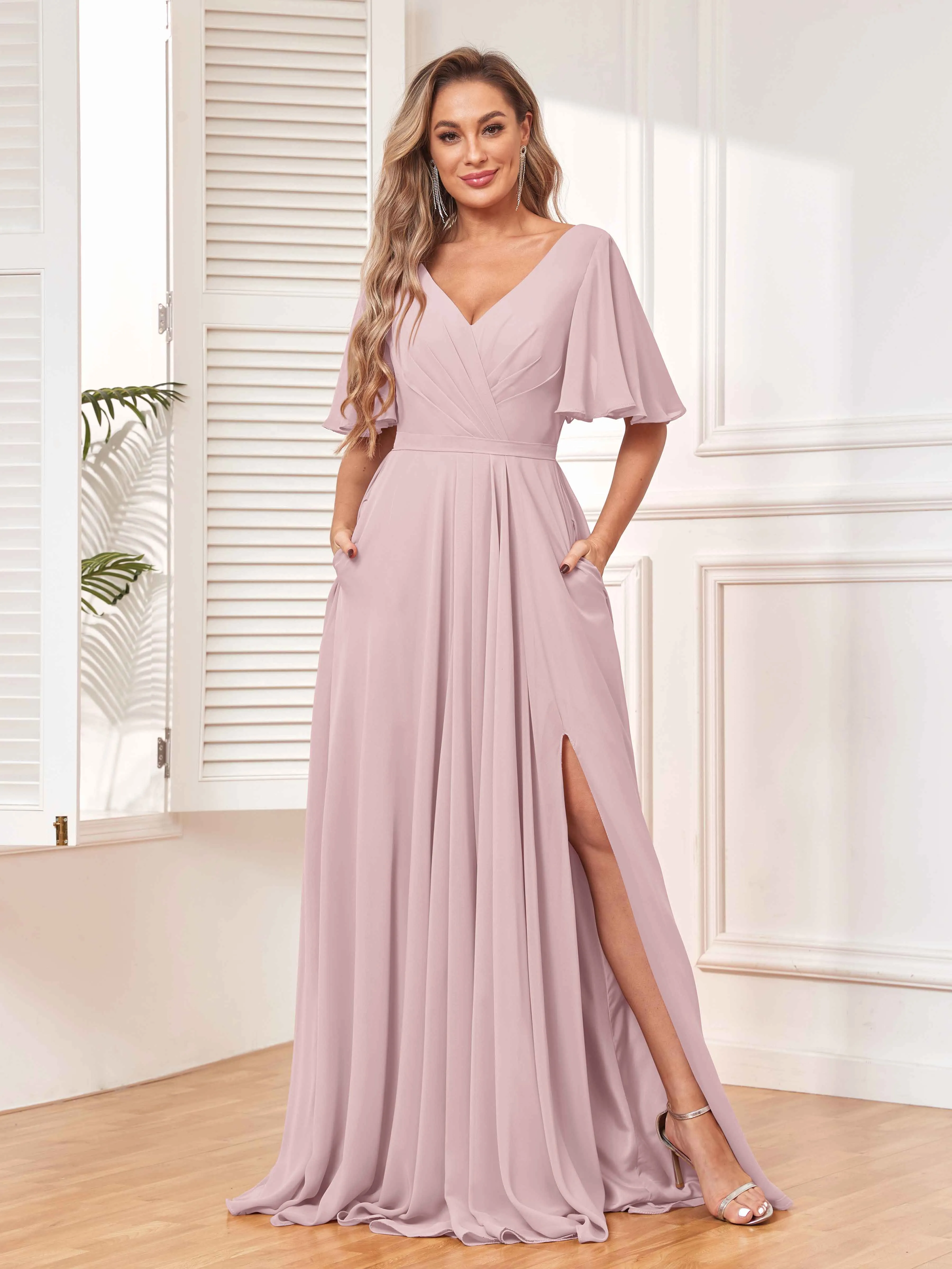 Aubrey Flowing V-Neck Slit Floor Length Bridesmaid Dresses