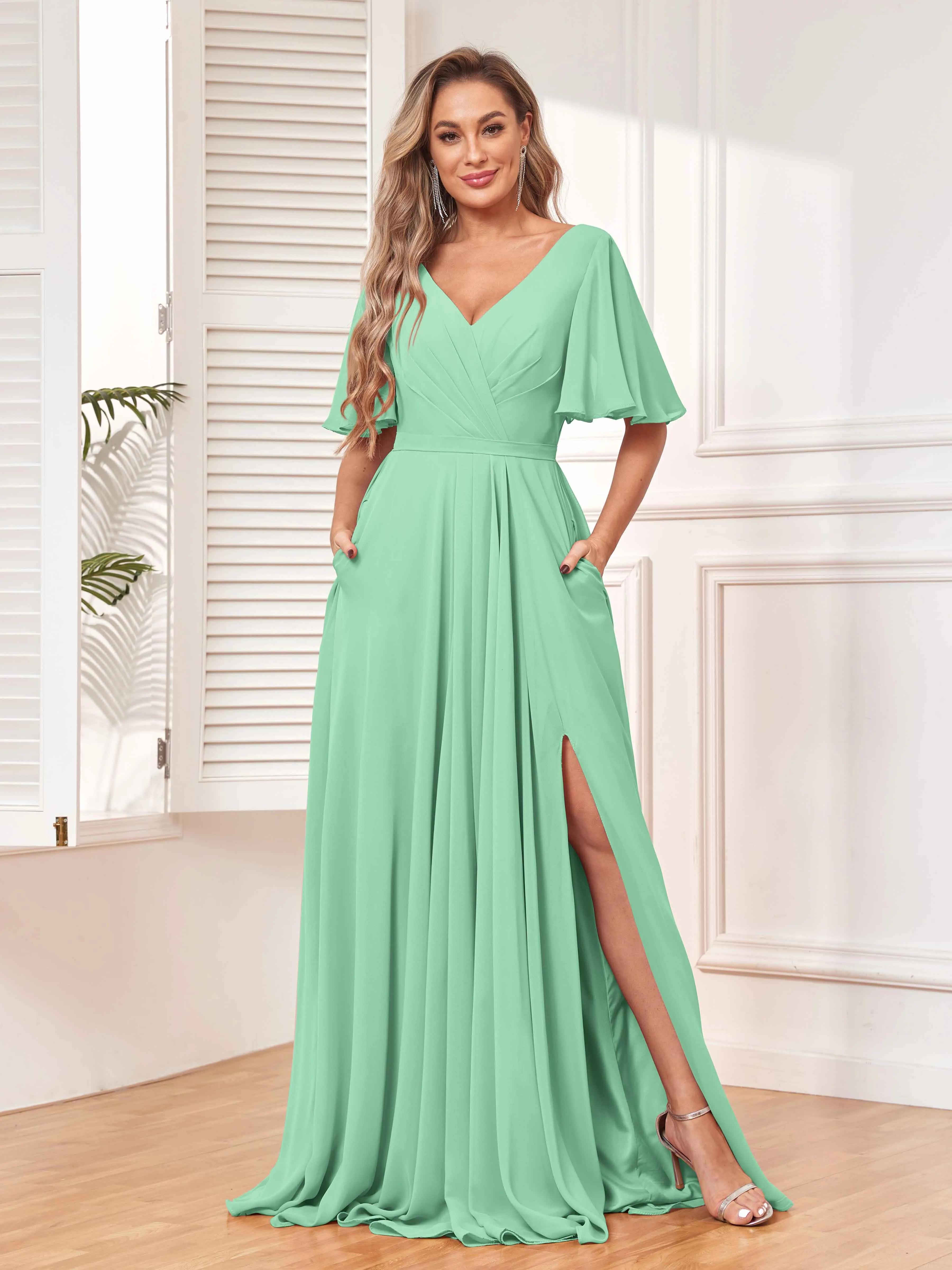 Aubrey Flowing V-Neck Slit Floor Length Bridesmaid Dresses