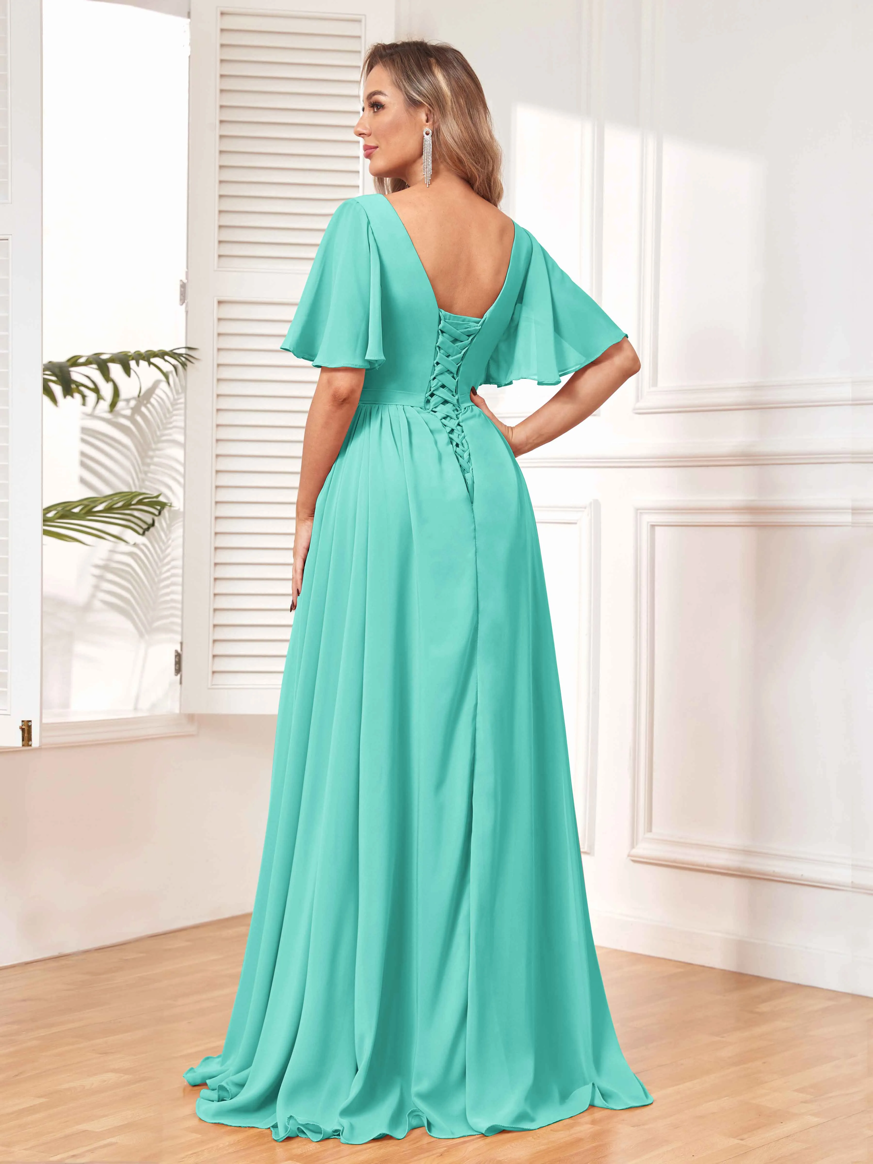 Aubrey Flowing V-Neck Slit Floor Length Bridesmaid Dresses