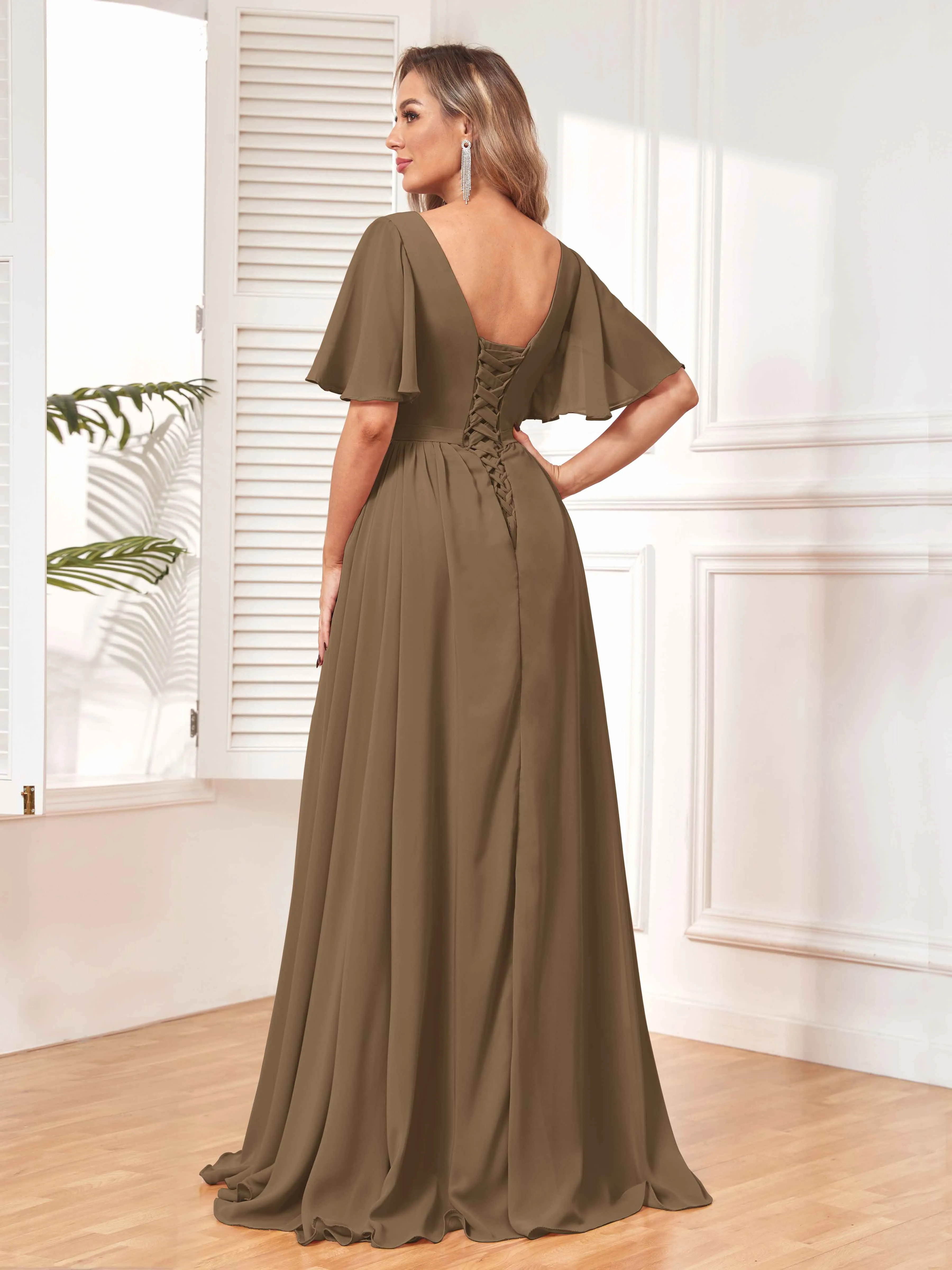 Aubrey Flowing V-Neck Slit Floor Length Bridesmaid Dresses