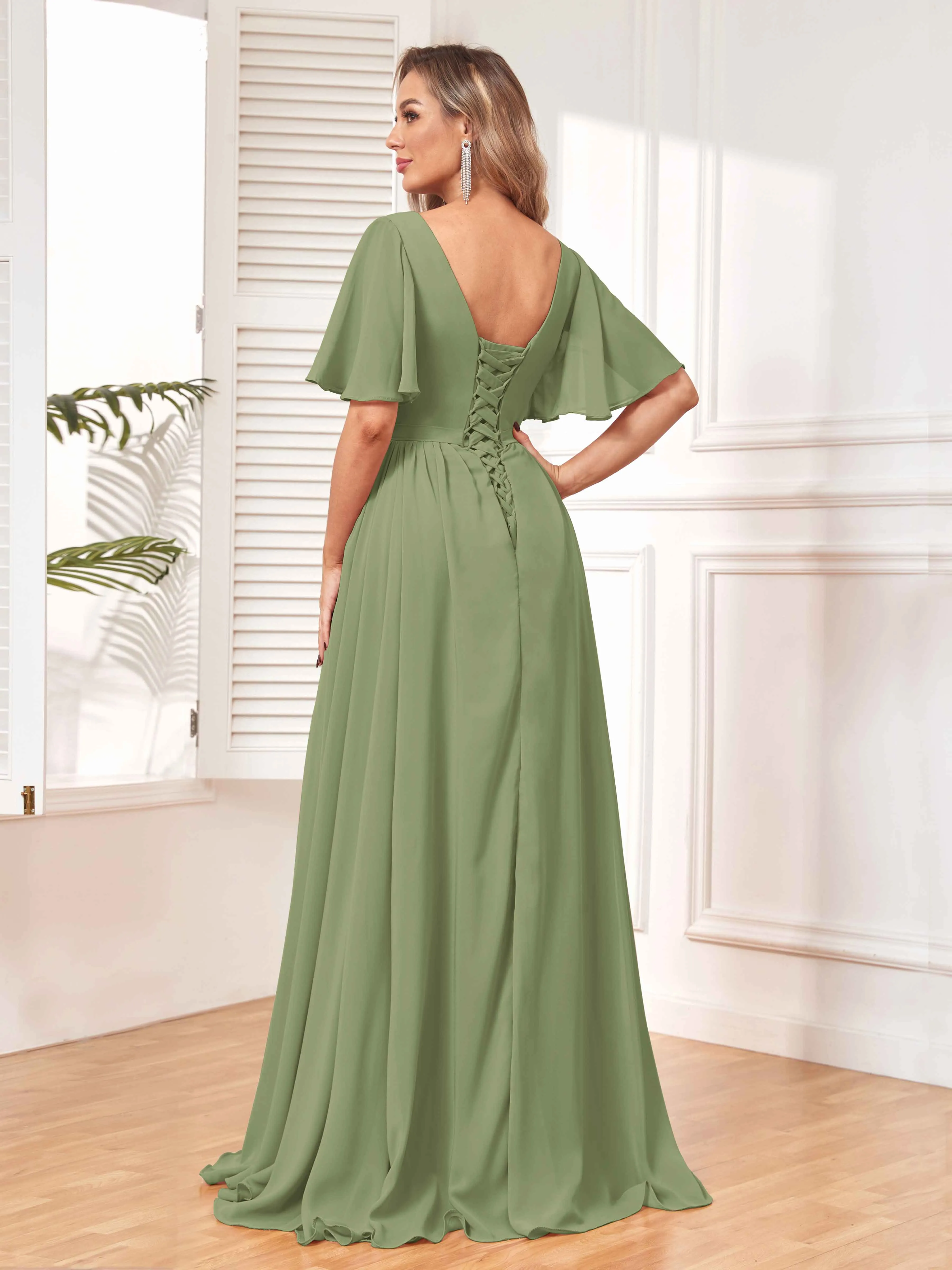 Aubrey Flowing V-Neck Slit Floor Length Bridesmaid Dresses