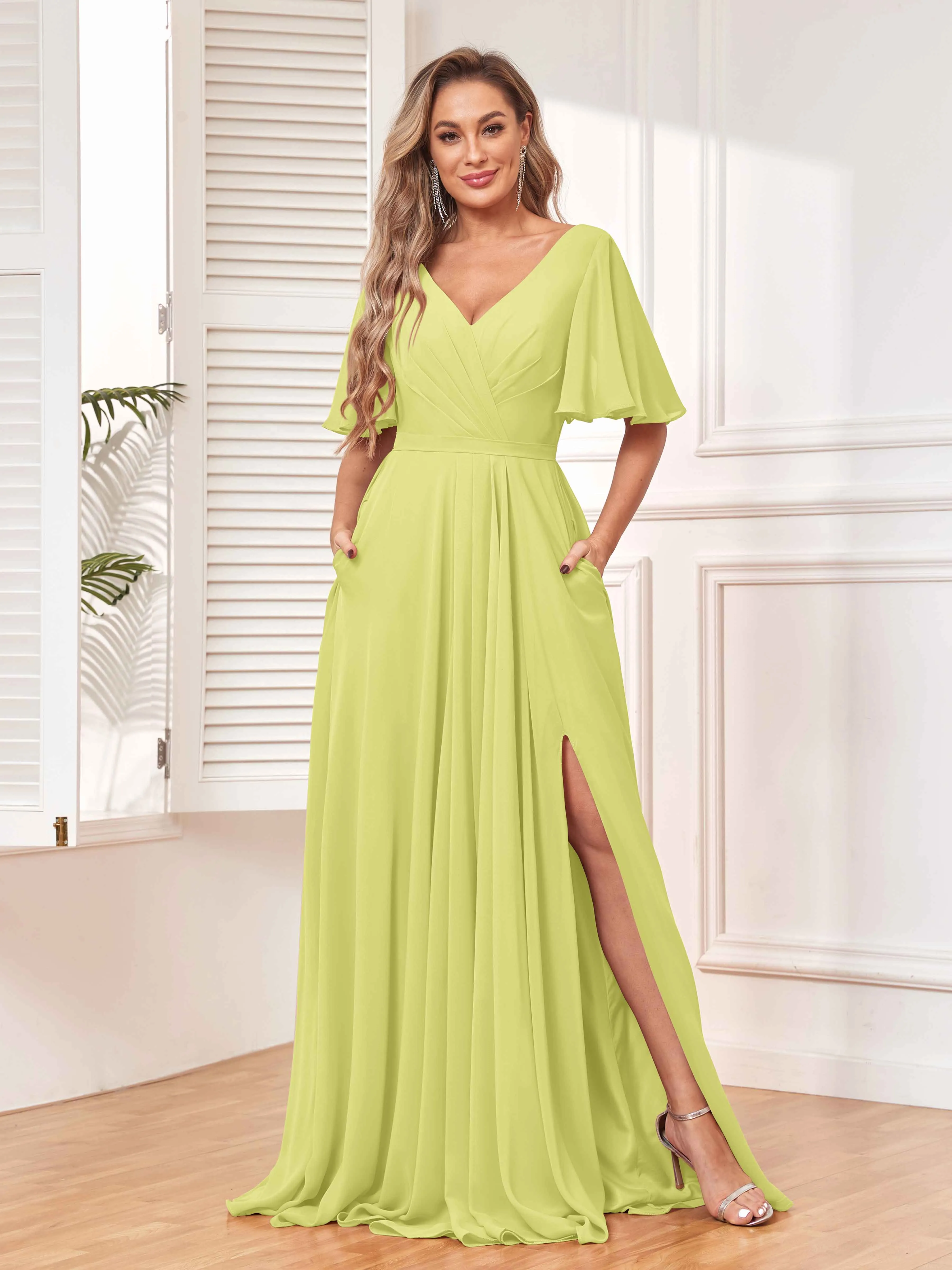 Aubrey Flowing V-Neck Slit Floor Length Bridesmaid Dresses