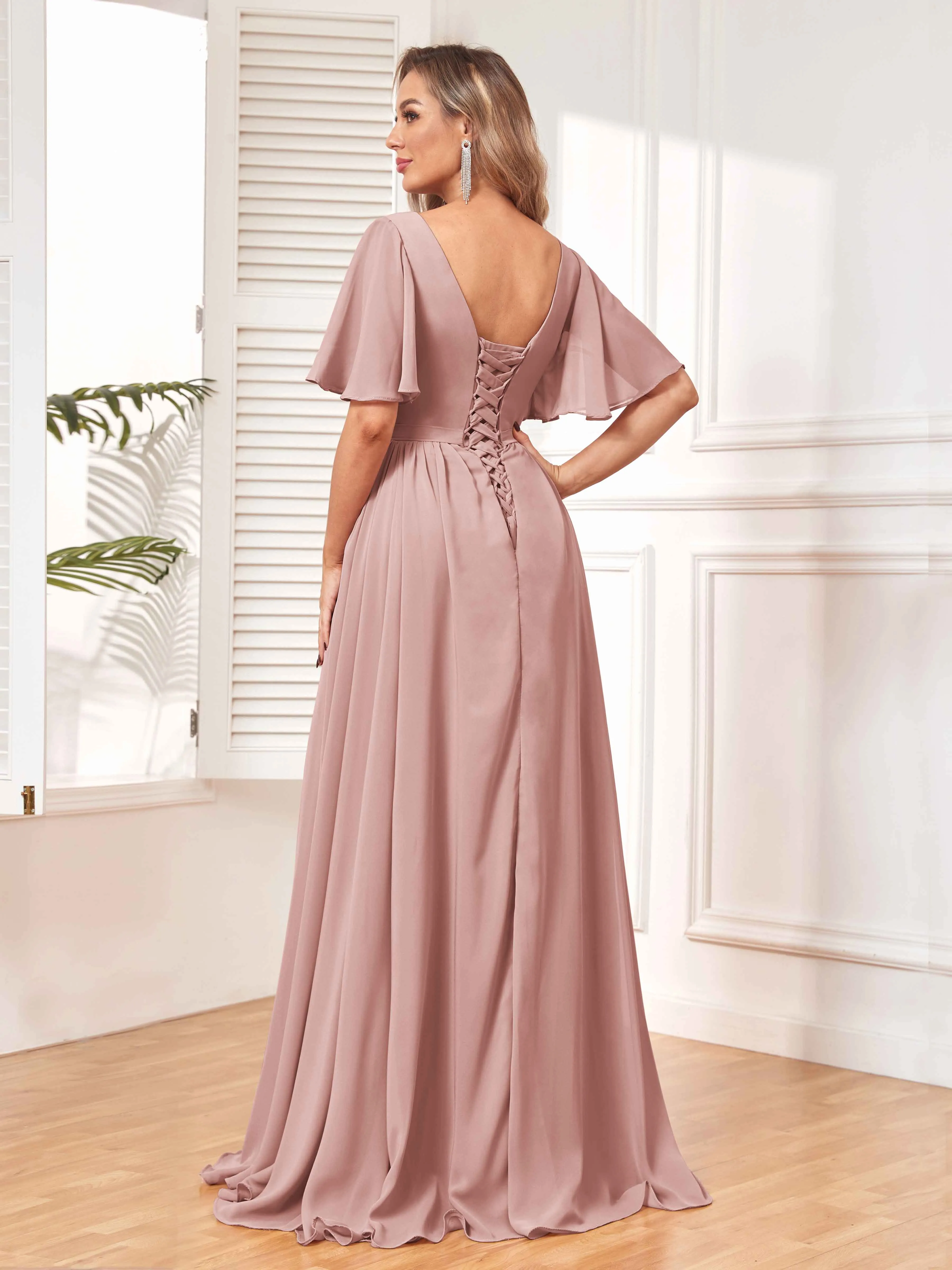 Aubrey Flowing V-Neck Slit Floor Length Bridesmaid Dresses