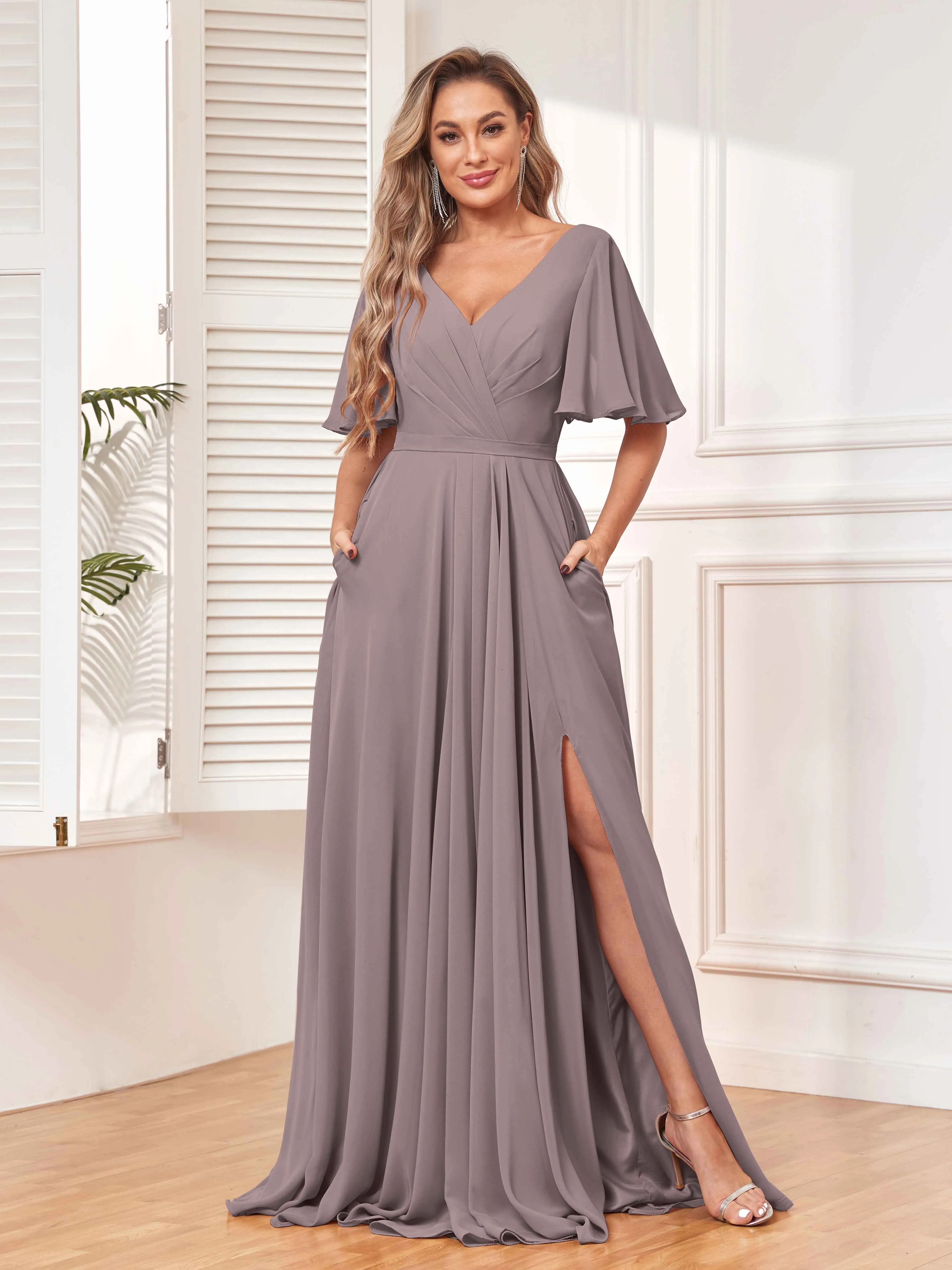 Aubrey Flowing V-Neck Slit Floor Length Bridesmaid Dresses