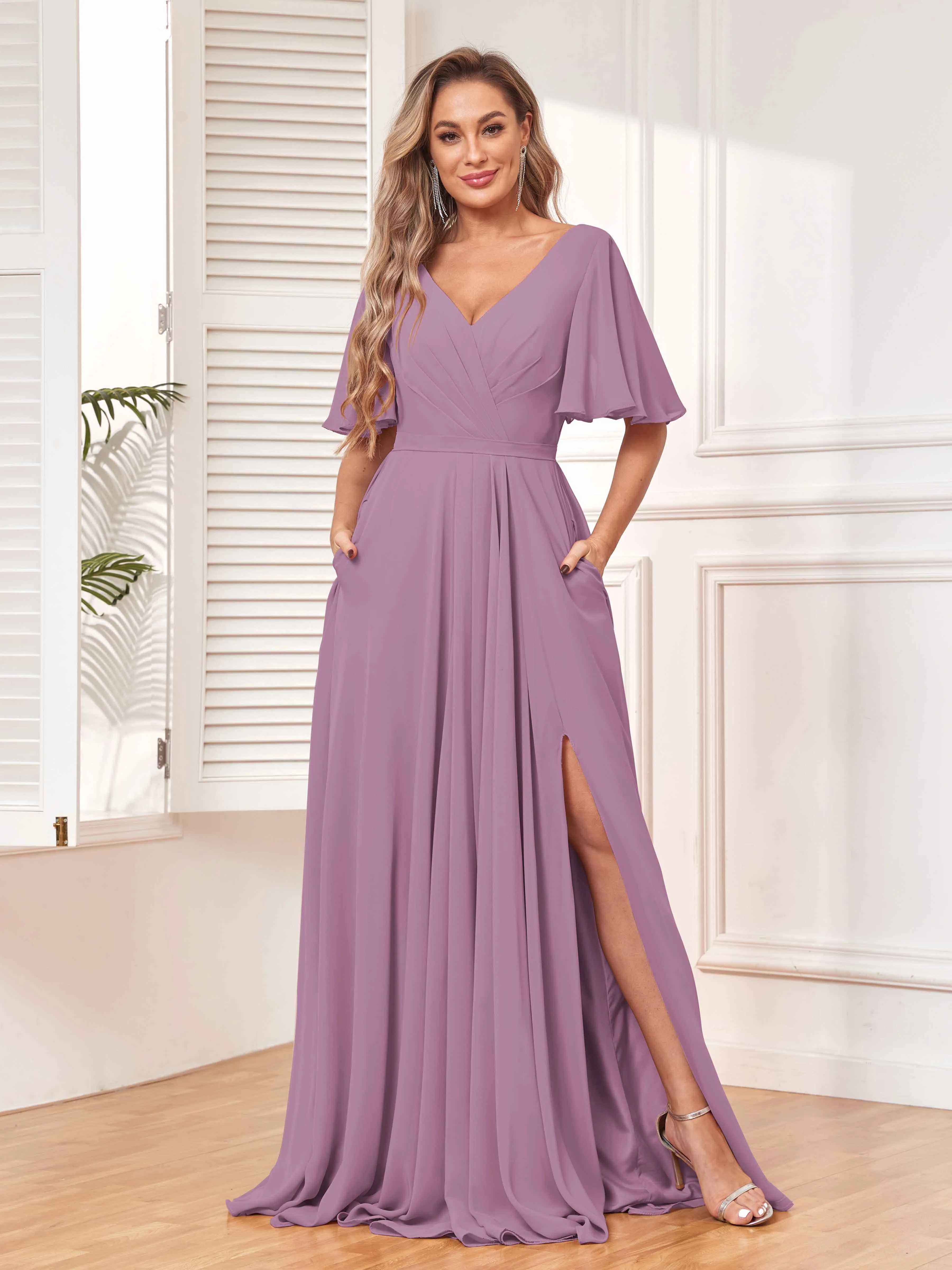 Aubrey Flowing V-Neck Slit Floor Length Bridesmaid Dresses