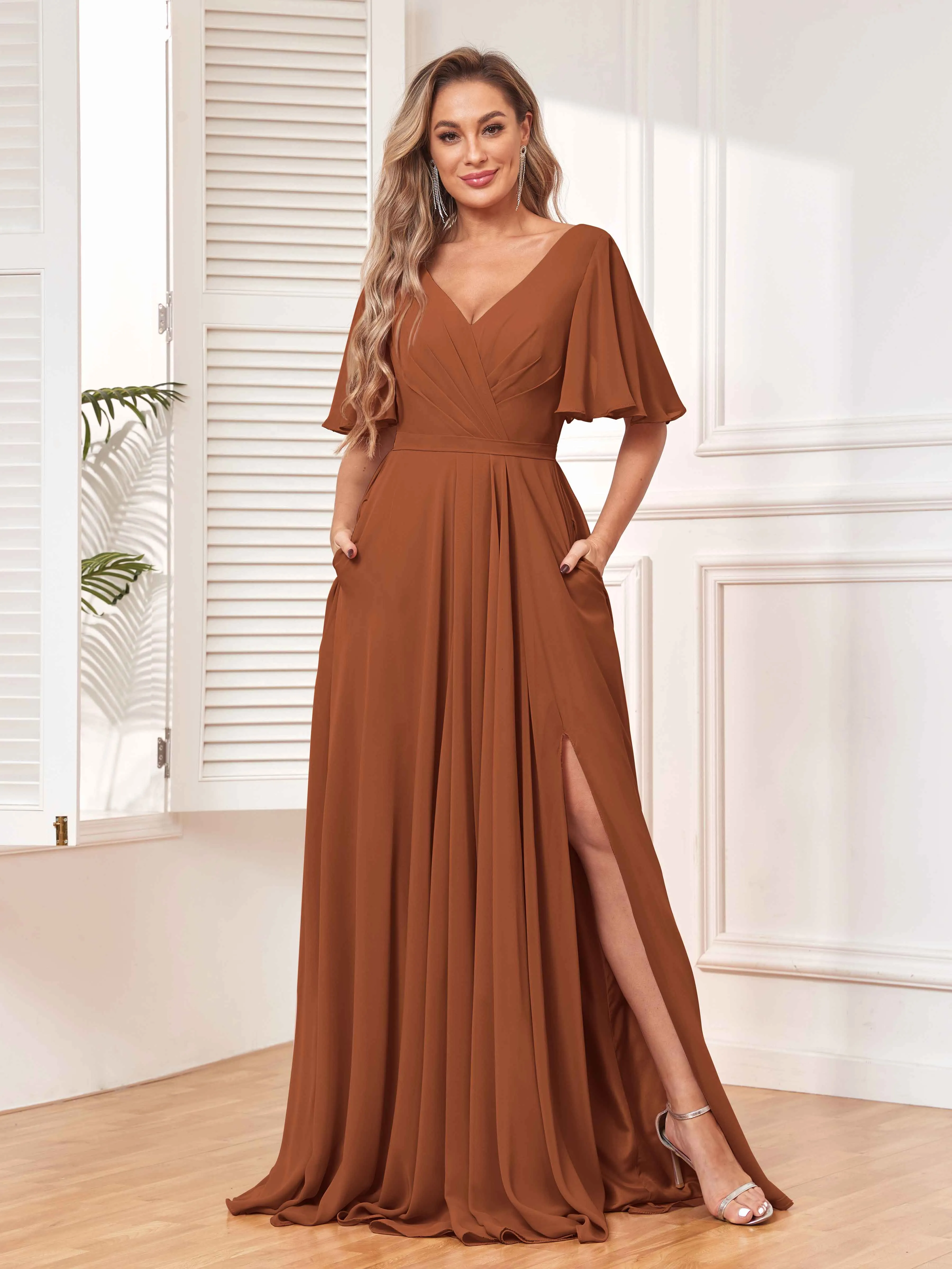 Aubrey Flowing V-Neck Slit Floor Length Bridesmaid Dresses