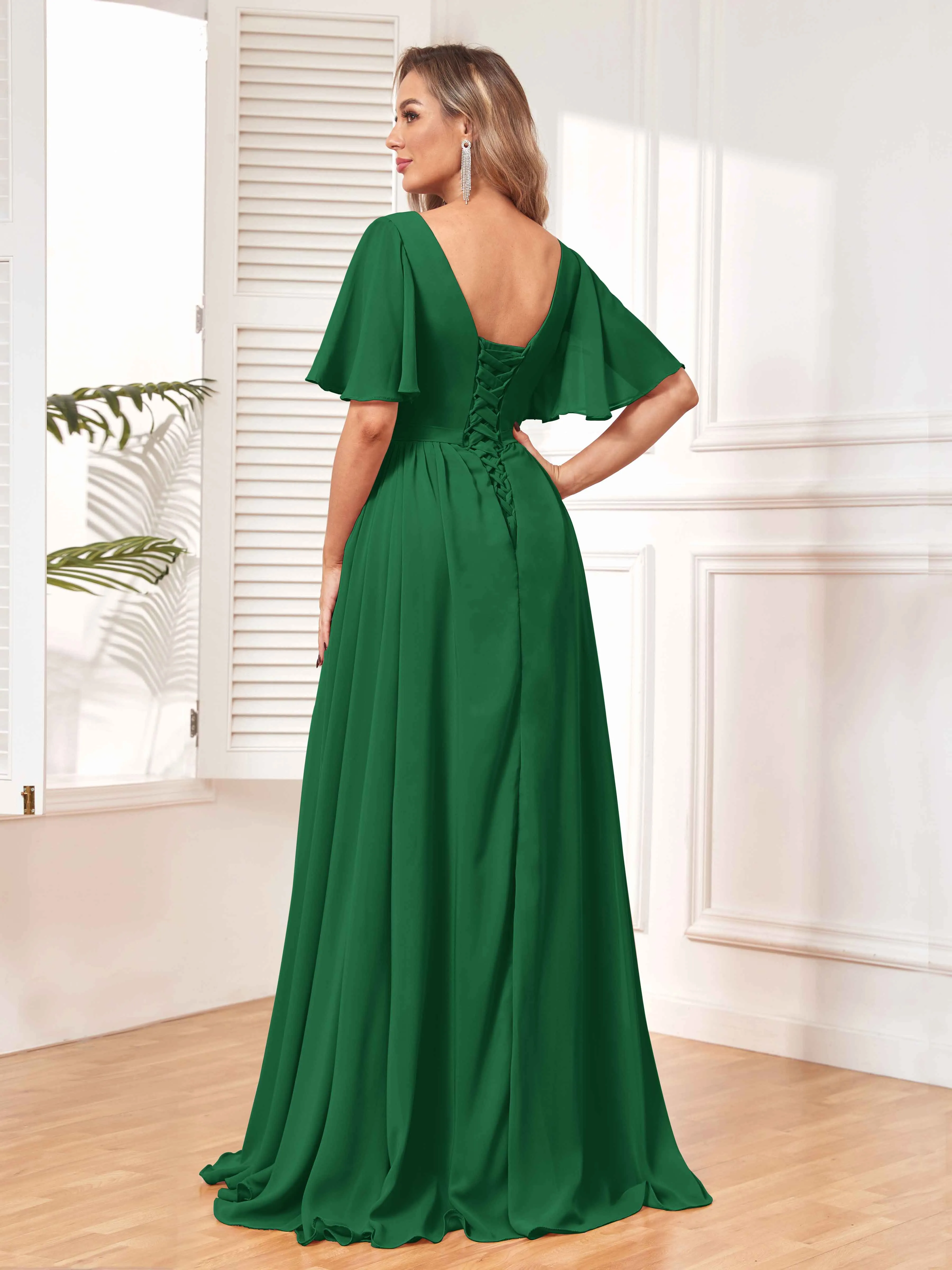 Aubrey Flowing V-Neck Slit Floor Length Bridesmaid Dresses