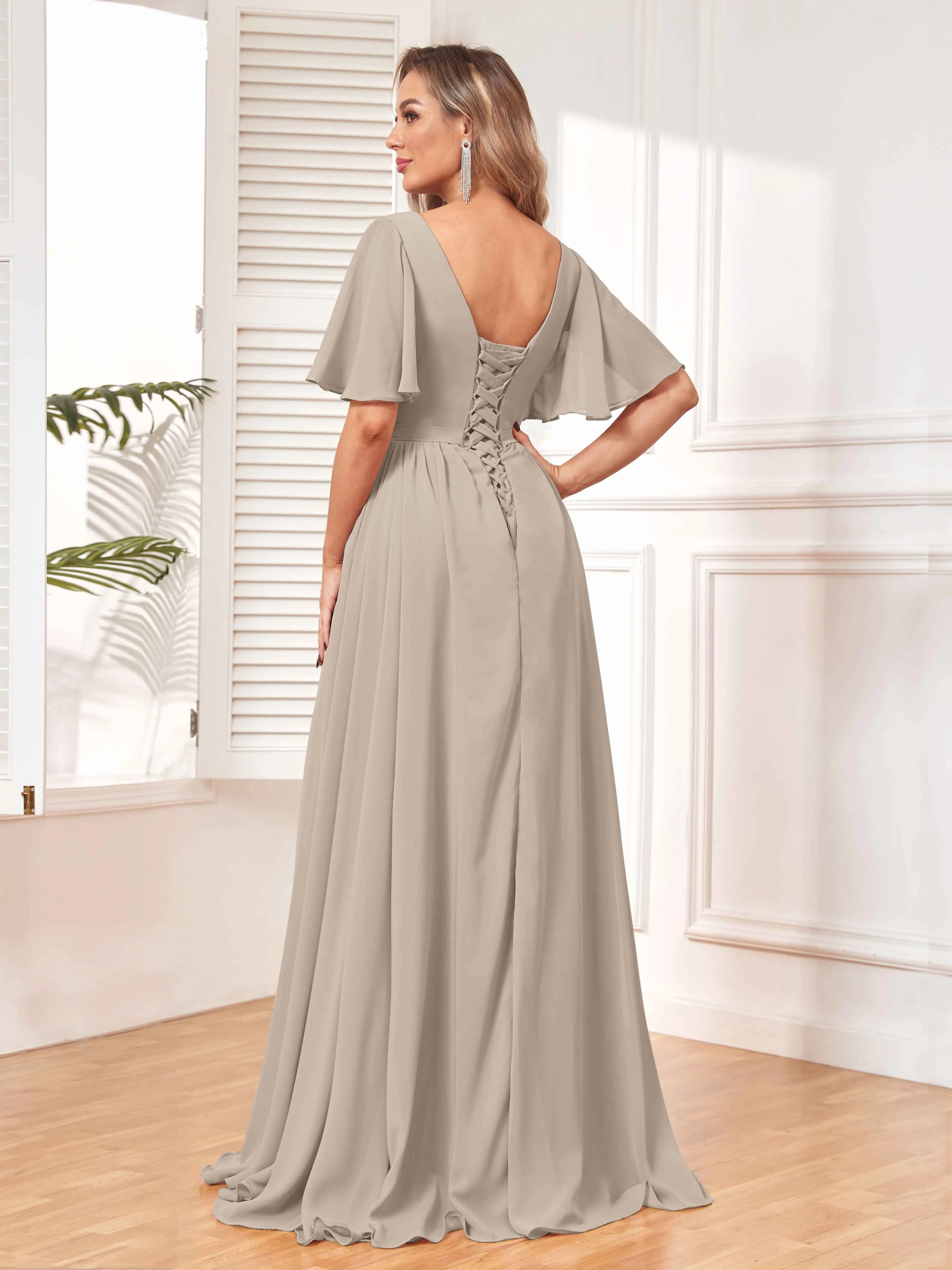 Aubrey Flowing V-Neck Slit Floor Length Bridesmaid Dresses