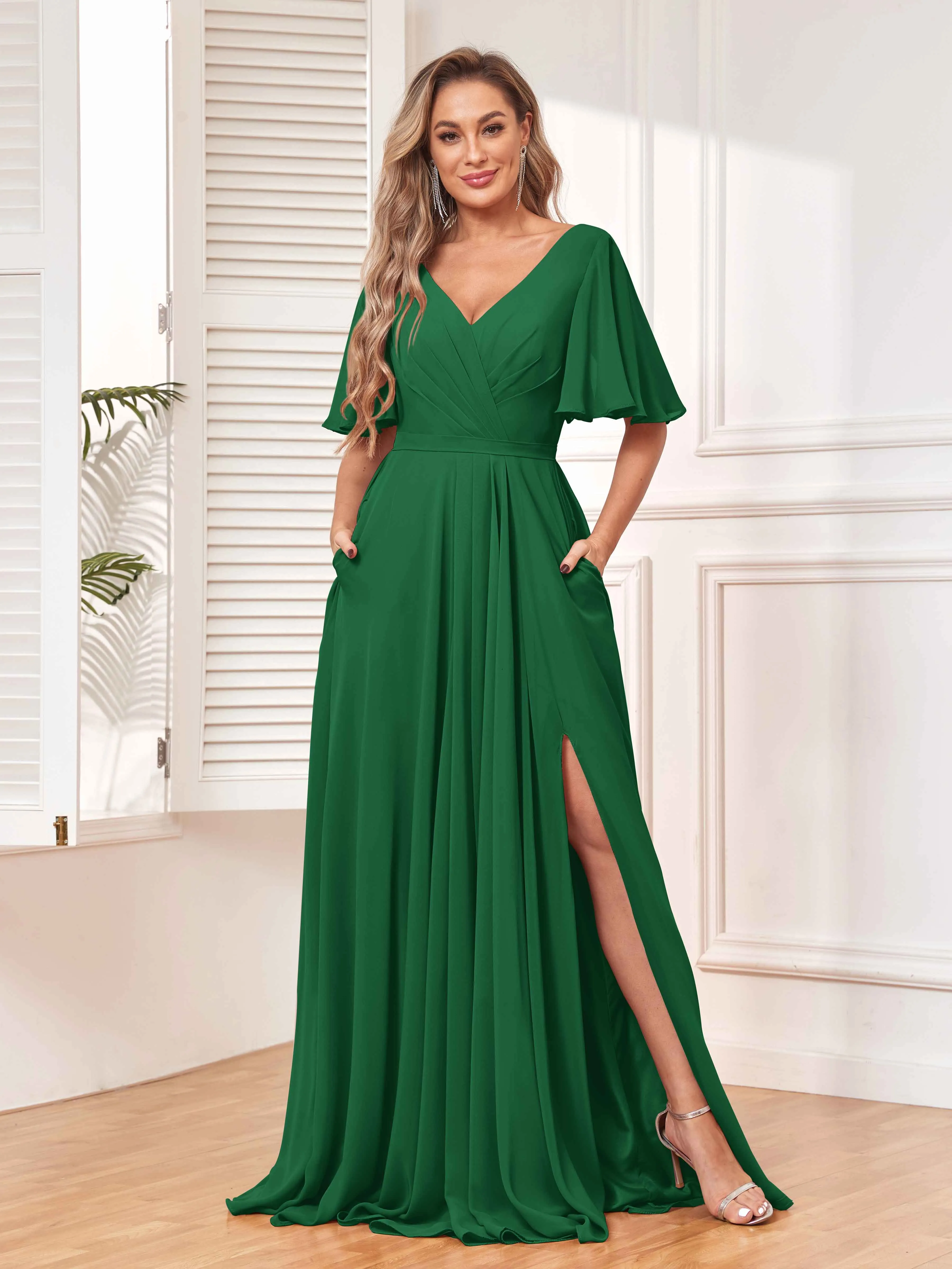 Aubrey Flowing V-Neck Slit Floor Length Bridesmaid Dresses
