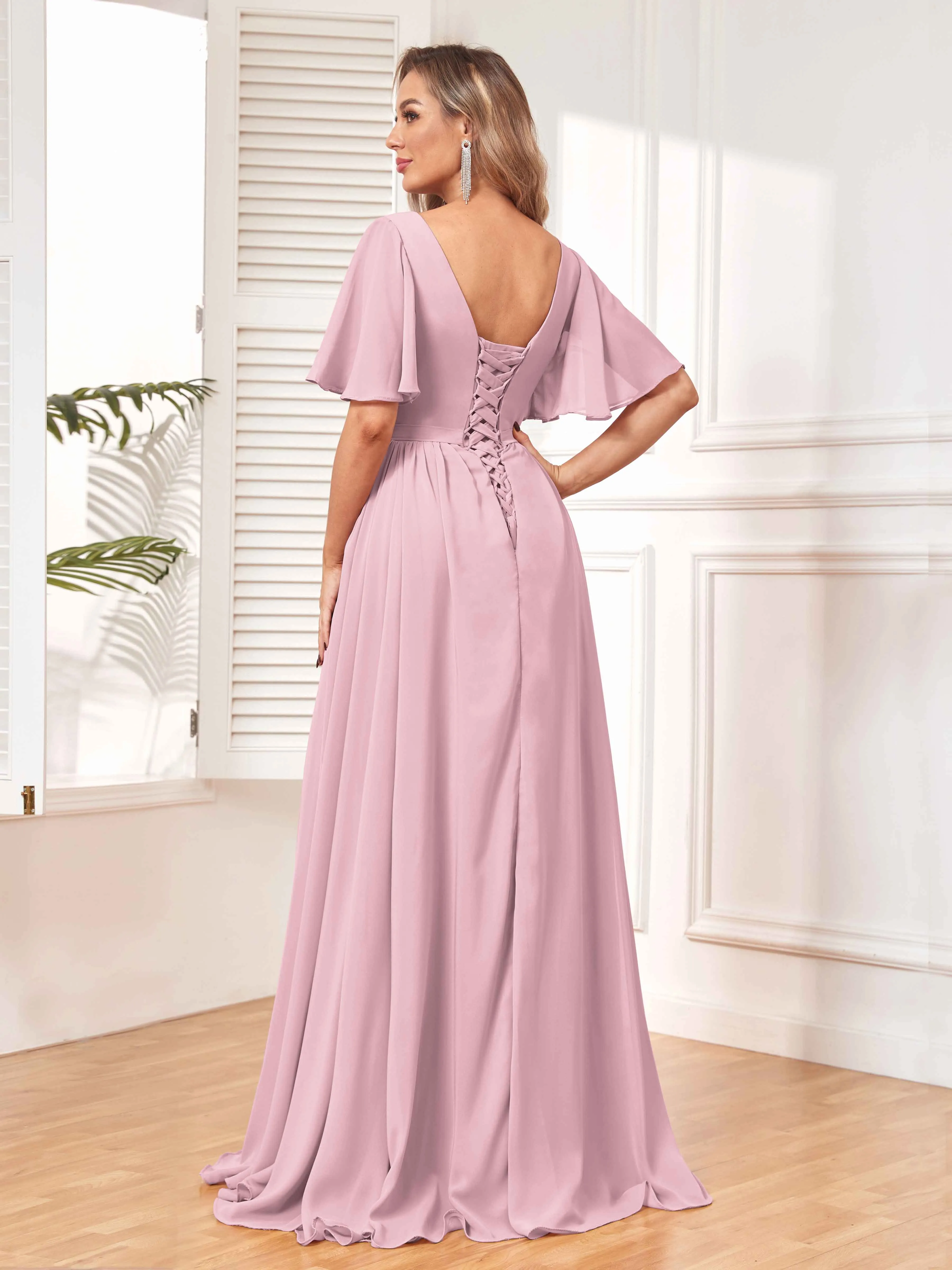 Aubrey Flowing V-Neck Slit Floor Length Bridesmaid Dresses