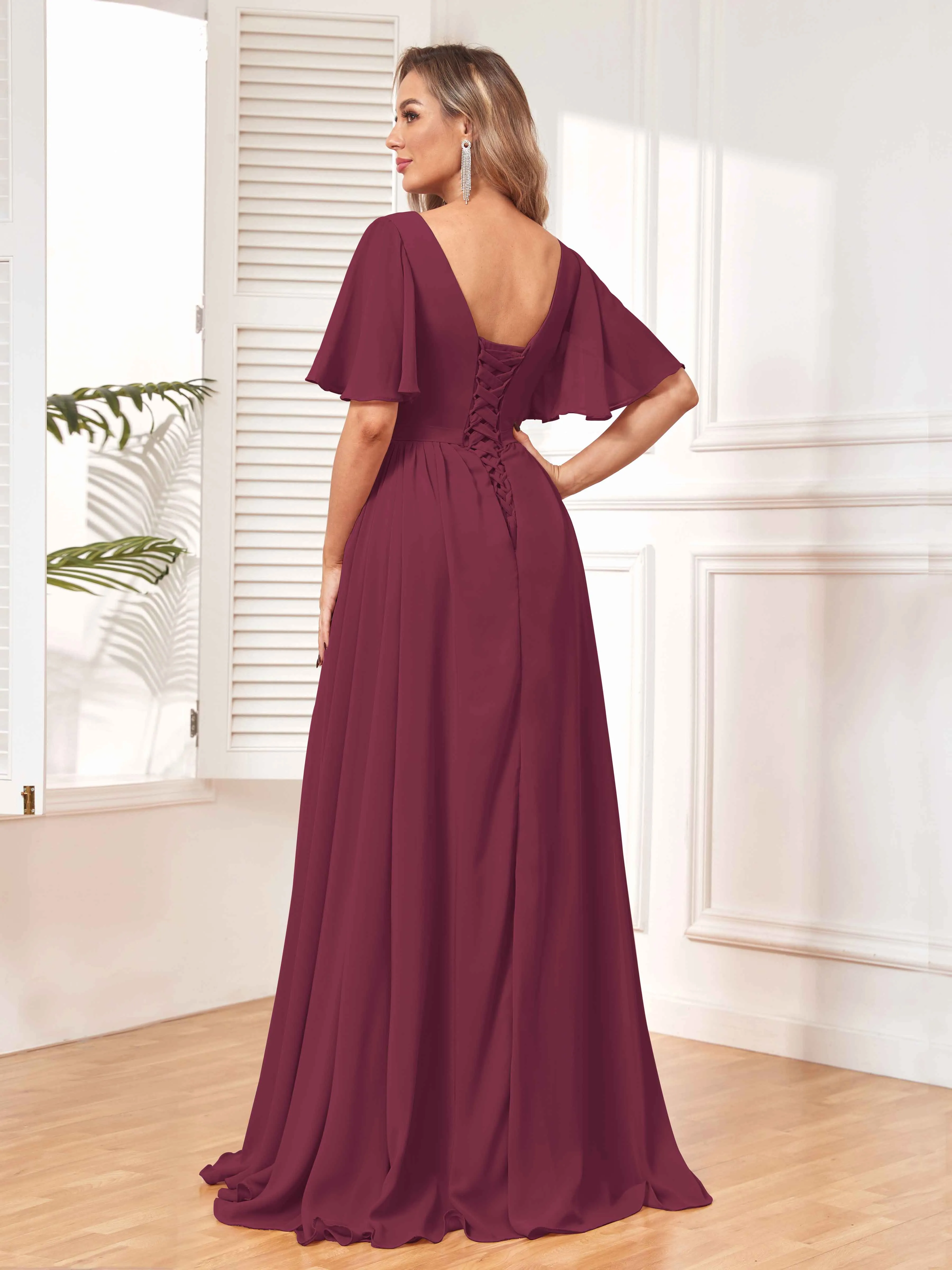 Aubrey Flowing V-Neck Slit Floor Length Bridesmaid Dresses