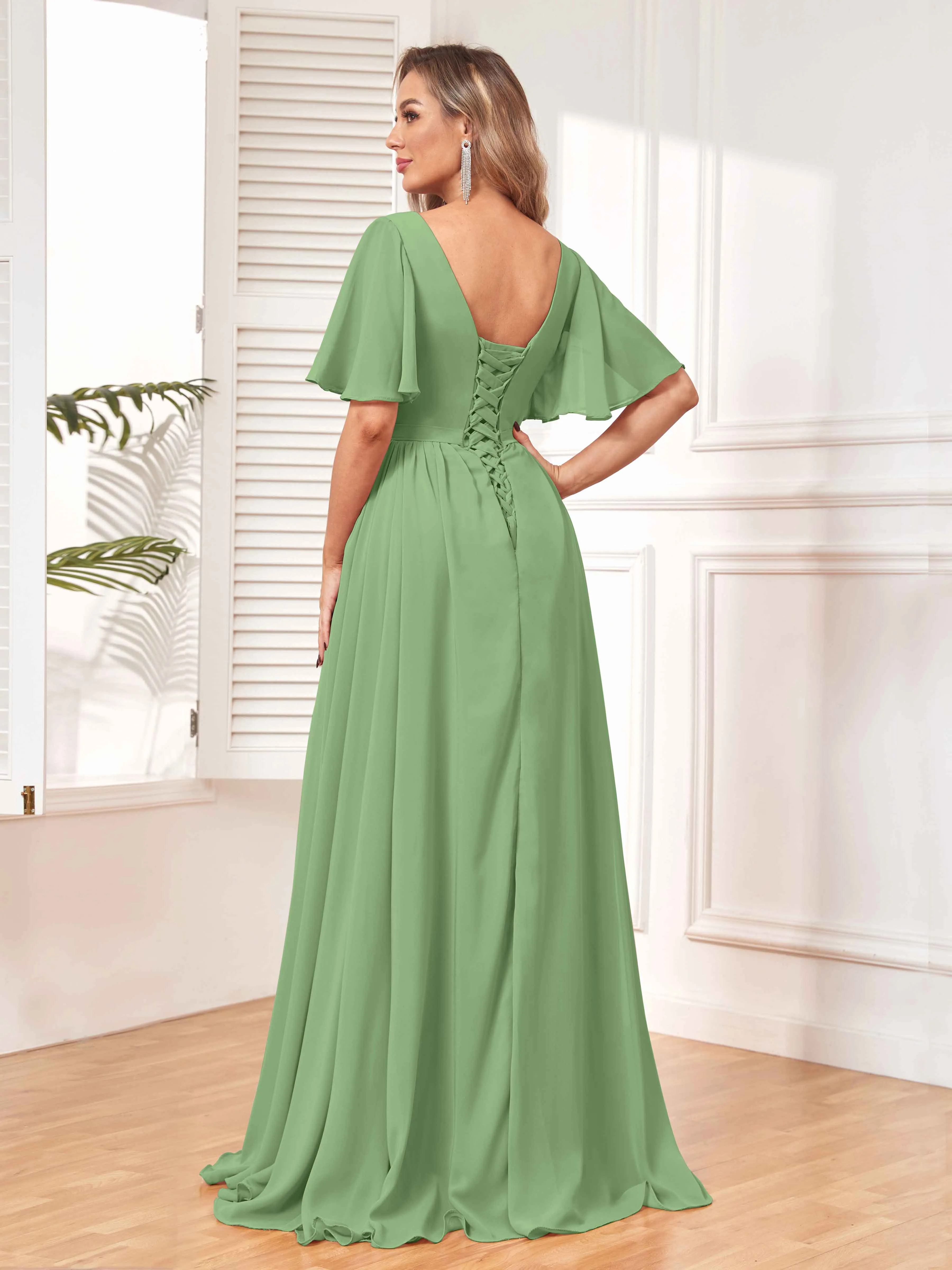 Aubrey Flowing V-Neck Slit Floor Length Bridesmaid Dresses