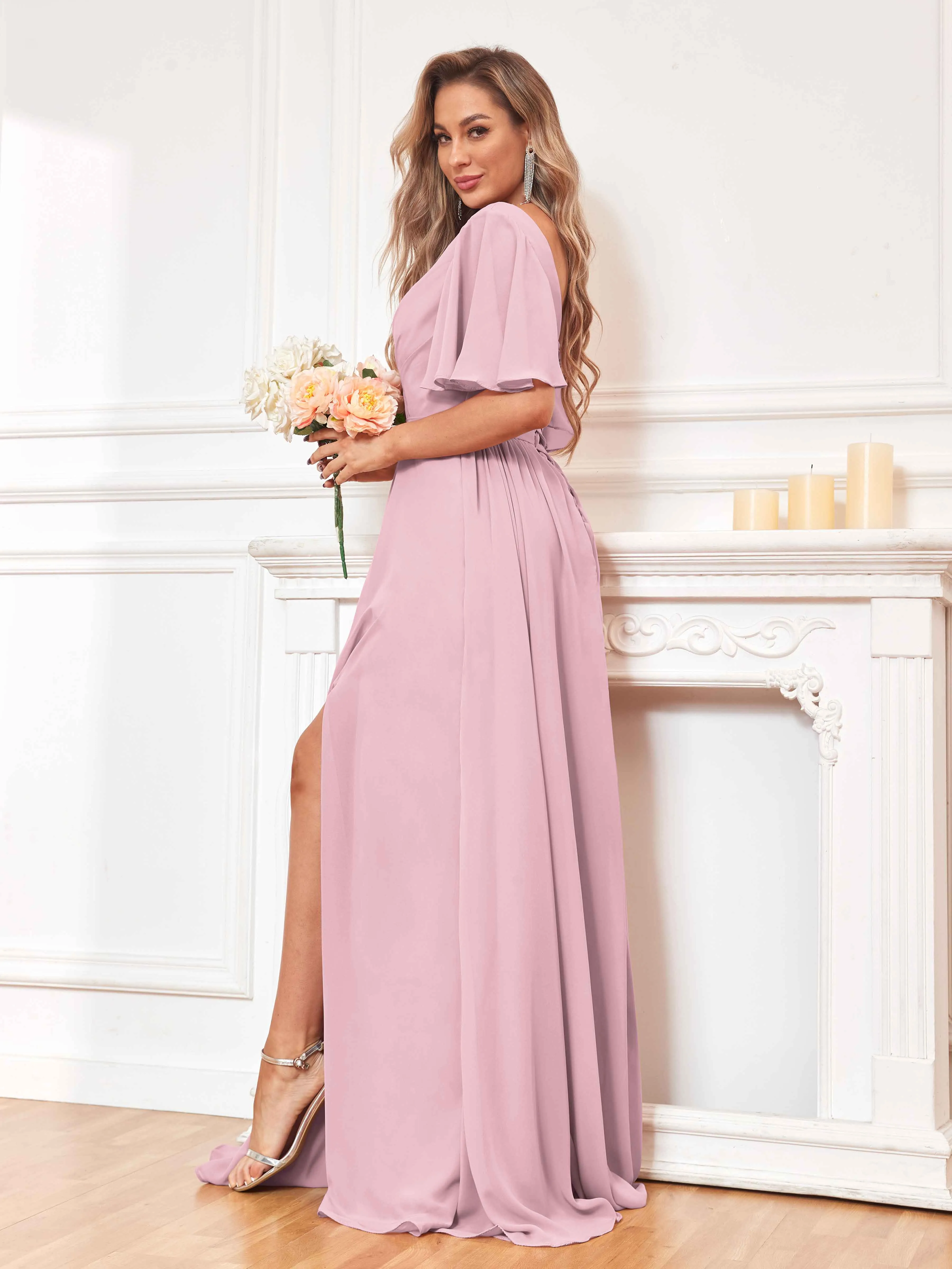 Aubrey Flowing V-Neck Slit Floor Length Bridesmaid Dresses