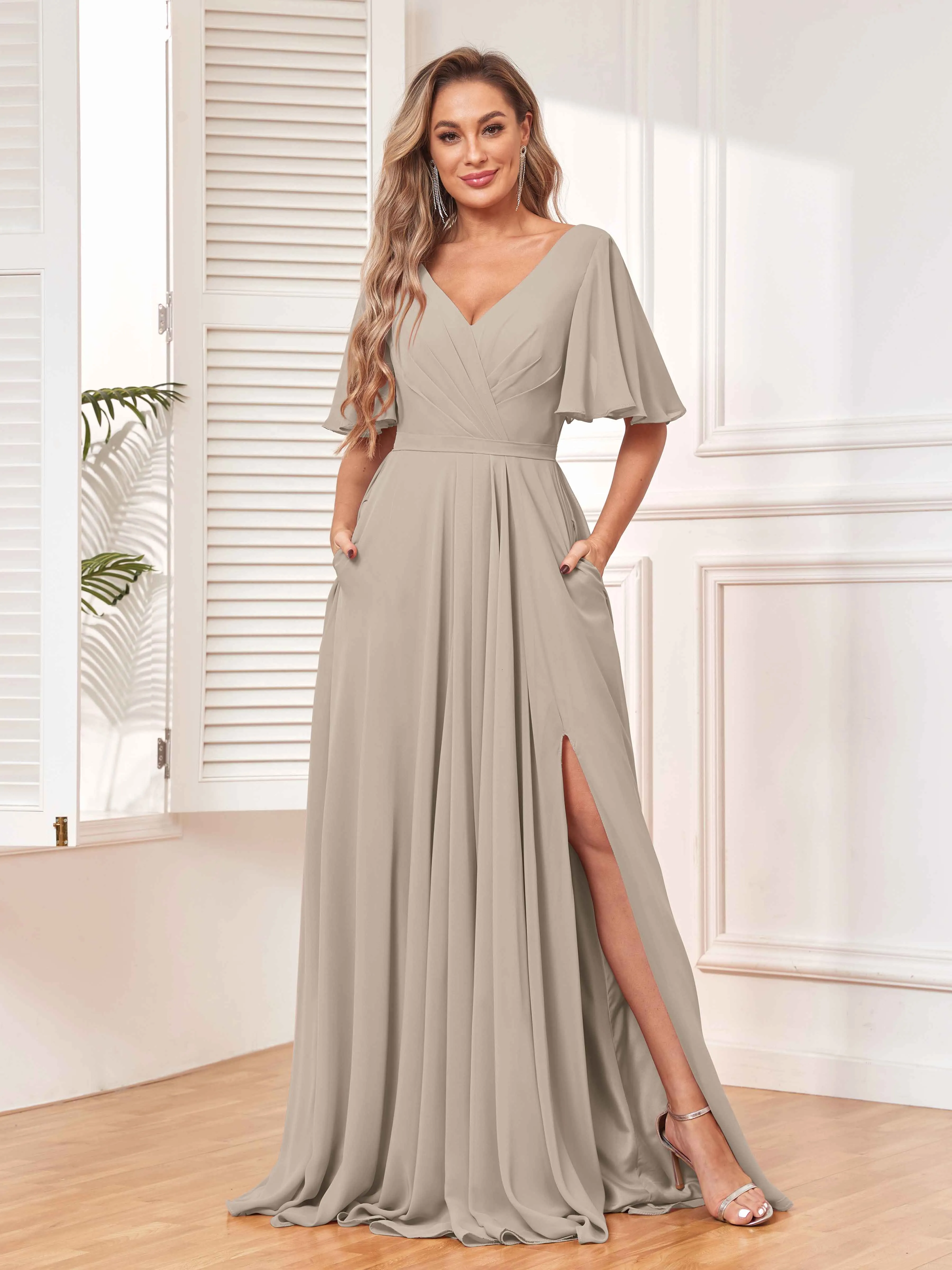 Aubrey Flowing V-Neck Slit Floor Length Bridesmaid Dresses
