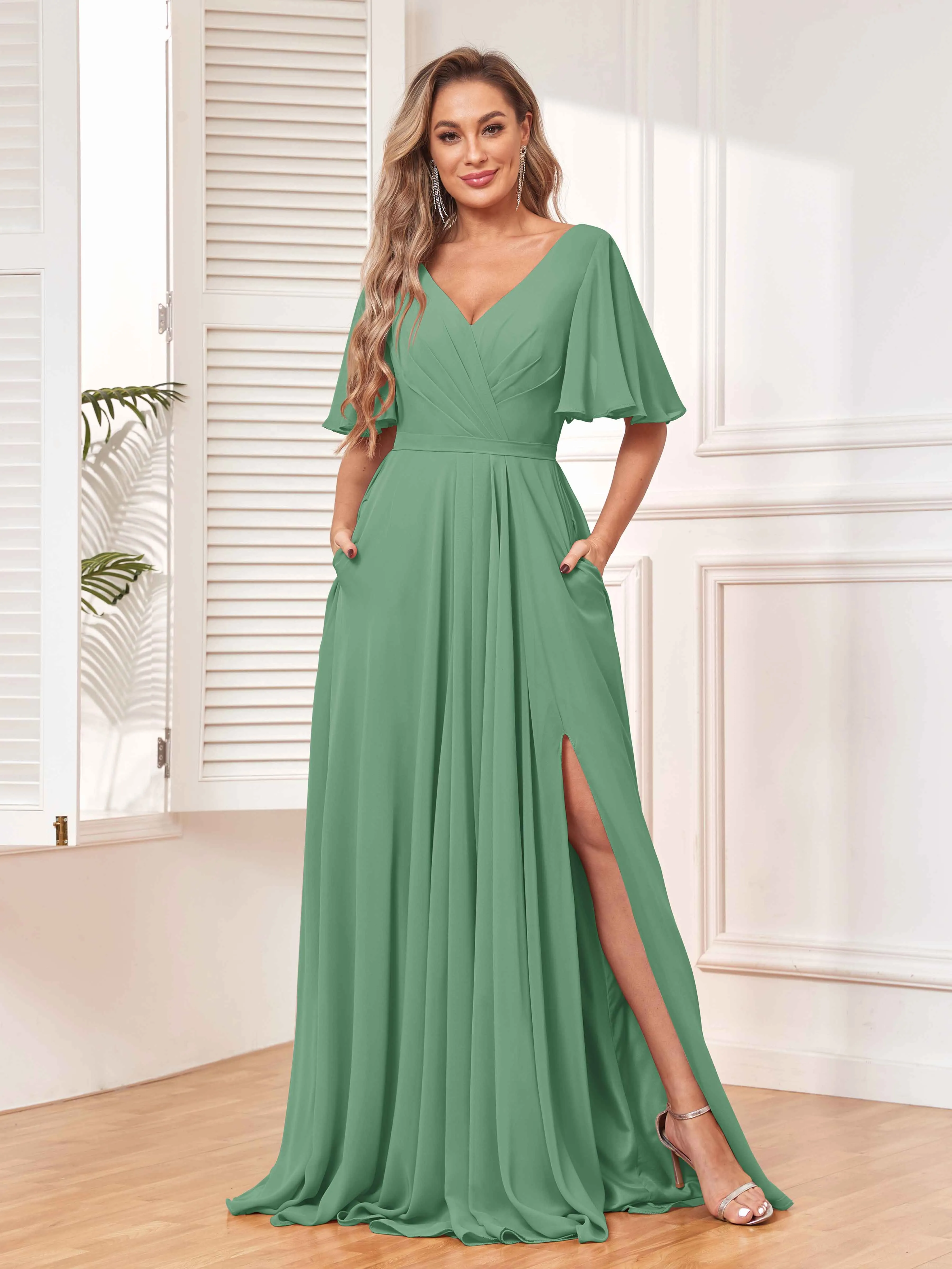 Aubrey Flowing V-Neck Slit Floor Length Bridesmaid Dresses