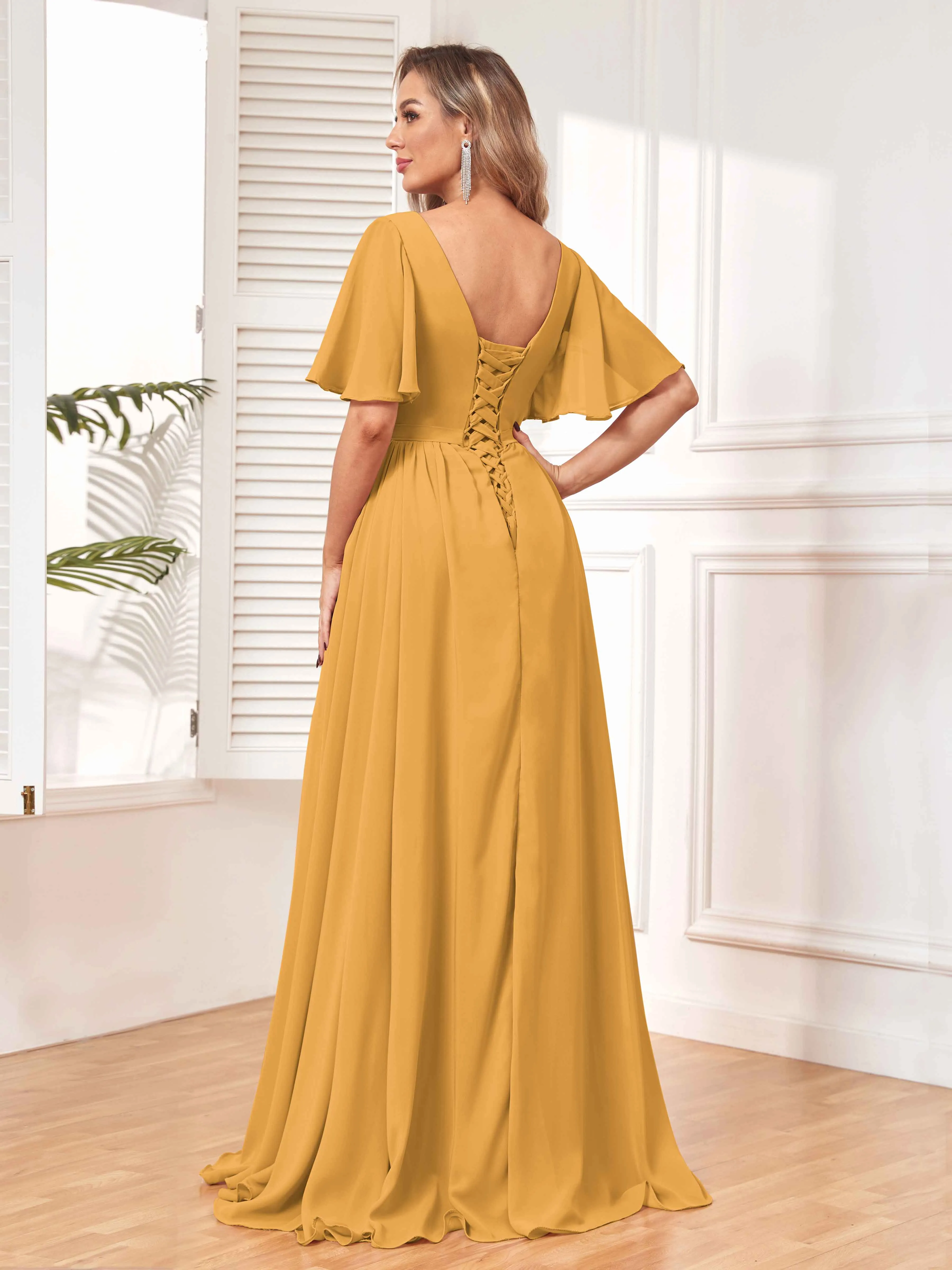 Aubrey Flowing V-Neck Slit Floor Length Bridesmaid Dresses