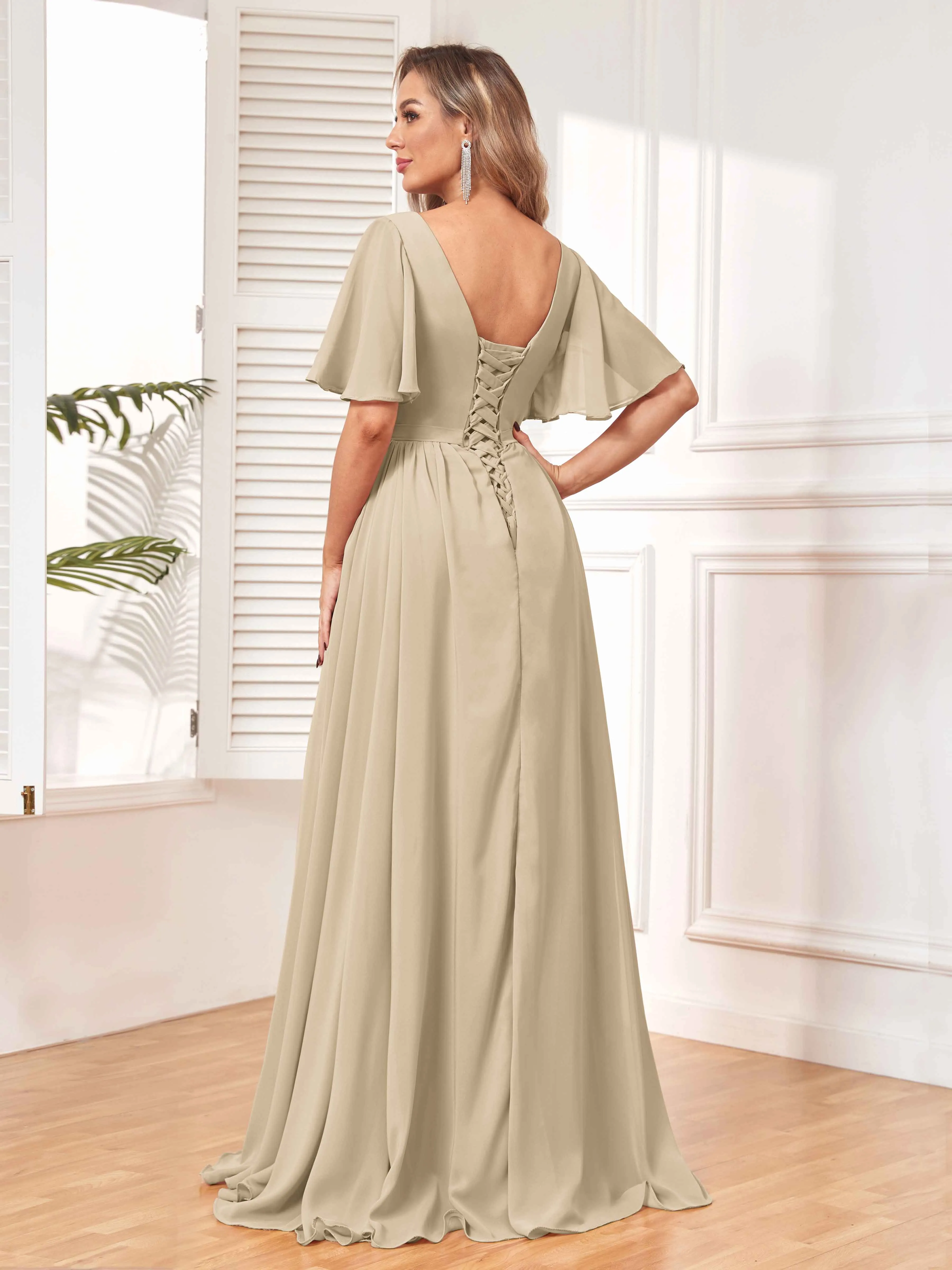 Aubrey Flowing V-Neck Slit Floor Length Bridesmaid Dresses