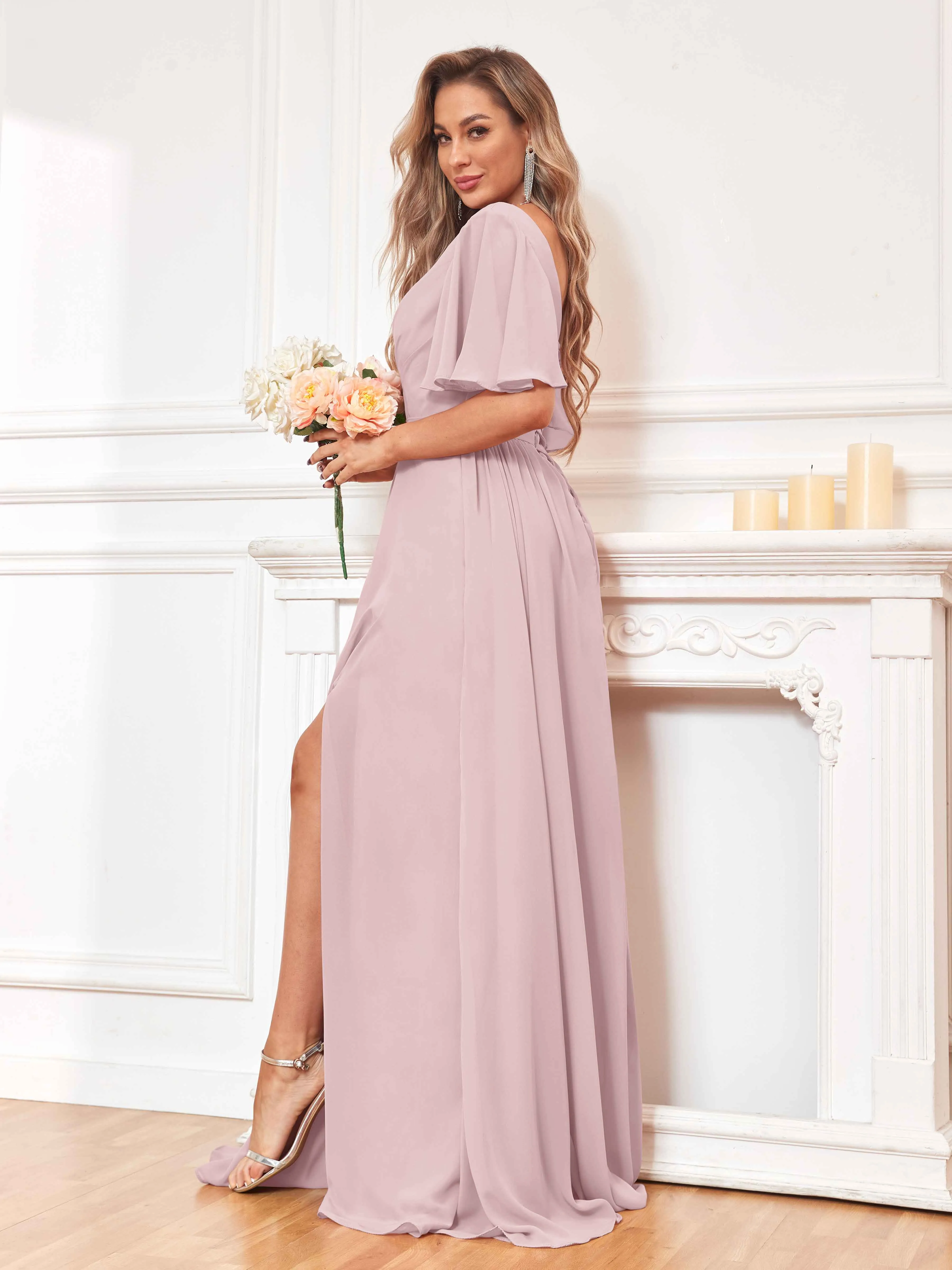 Aubrey Flowing V-Neck Slit Floor Length Bridesmaid Dresses