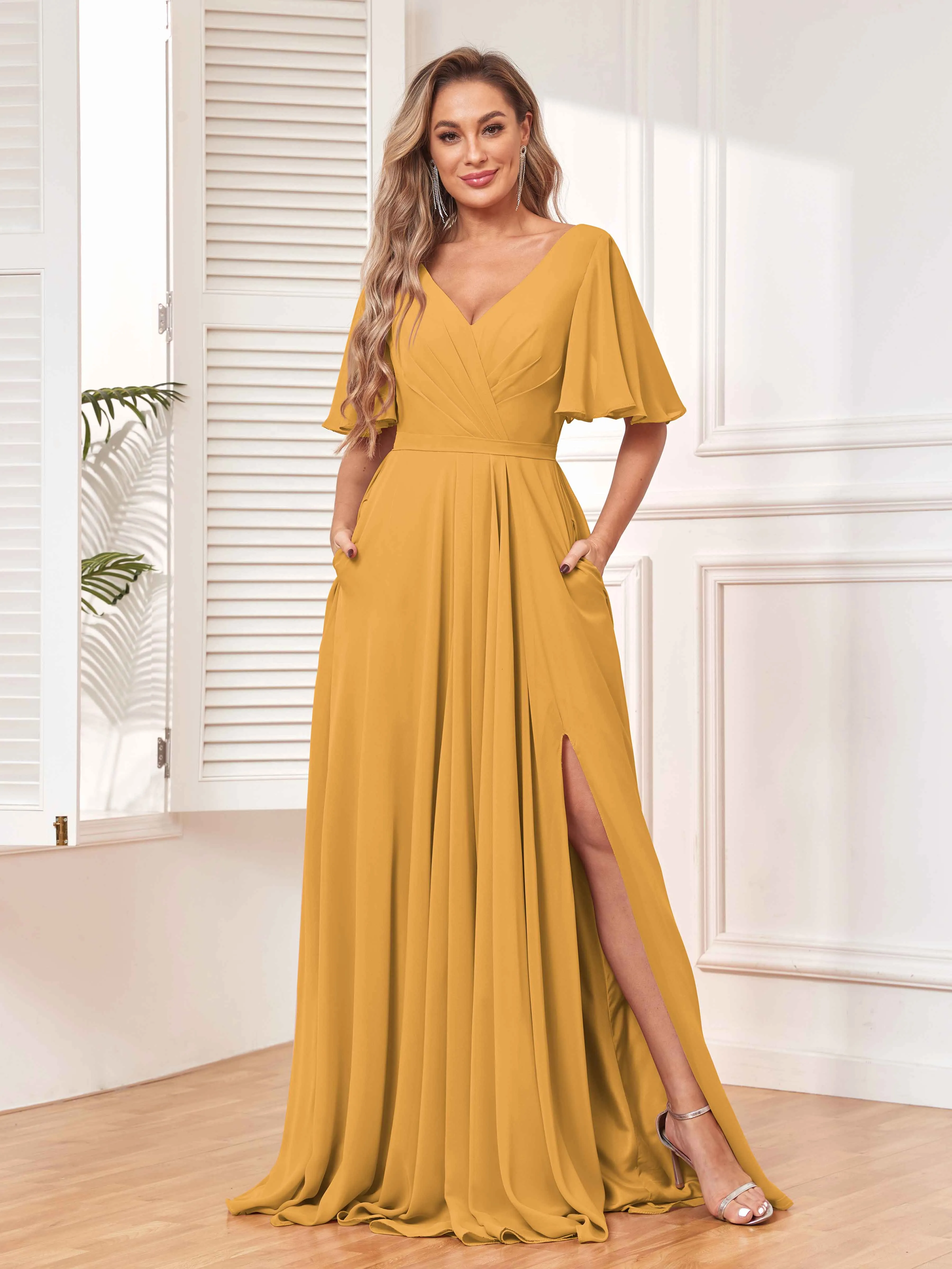 Aubrey Flowing V-Neck Slit Floor Length Bridesmaid Dresses